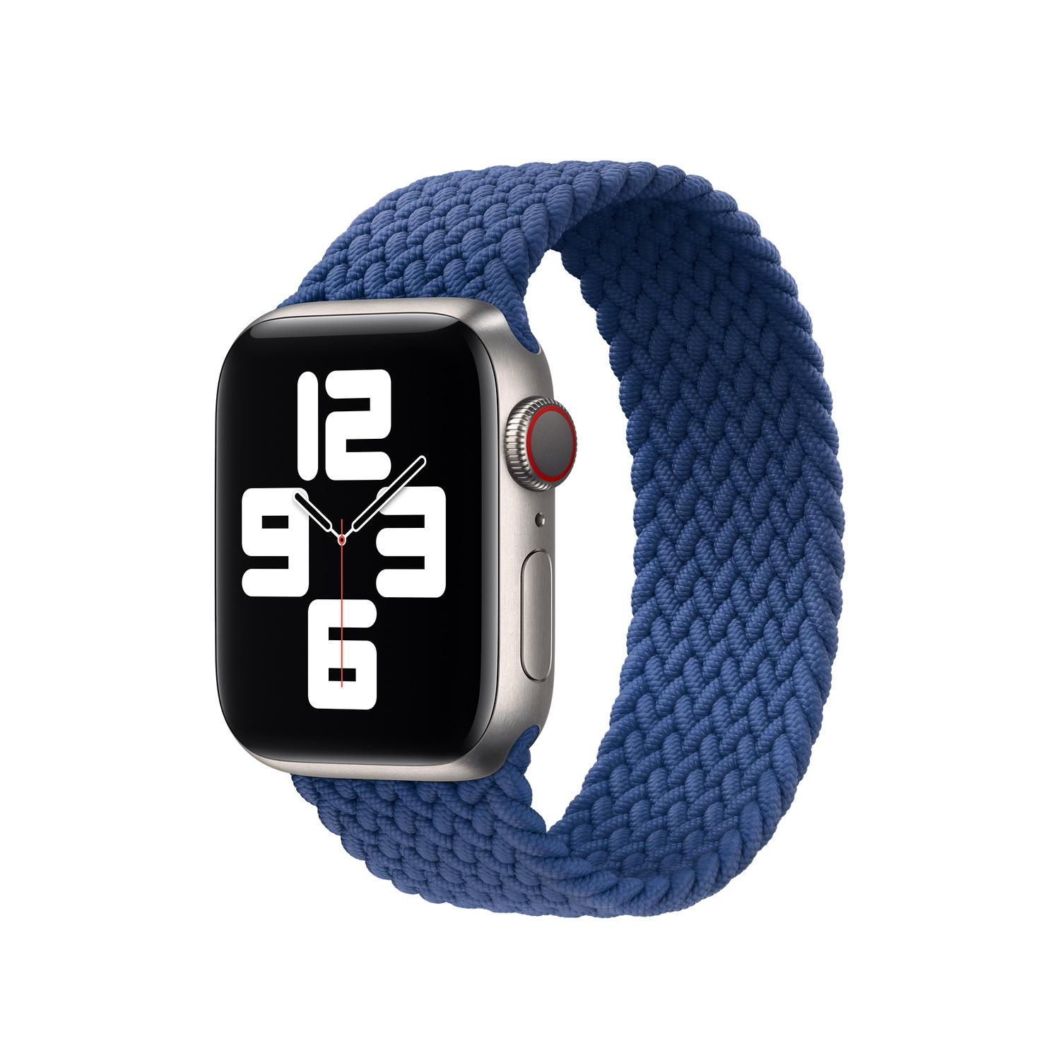 Een Apple Watch met een blauwe gevlochten solo loop. De wijzerplaat toont de tijd. Het horloge heeft een zilveren kast met een rode knop.