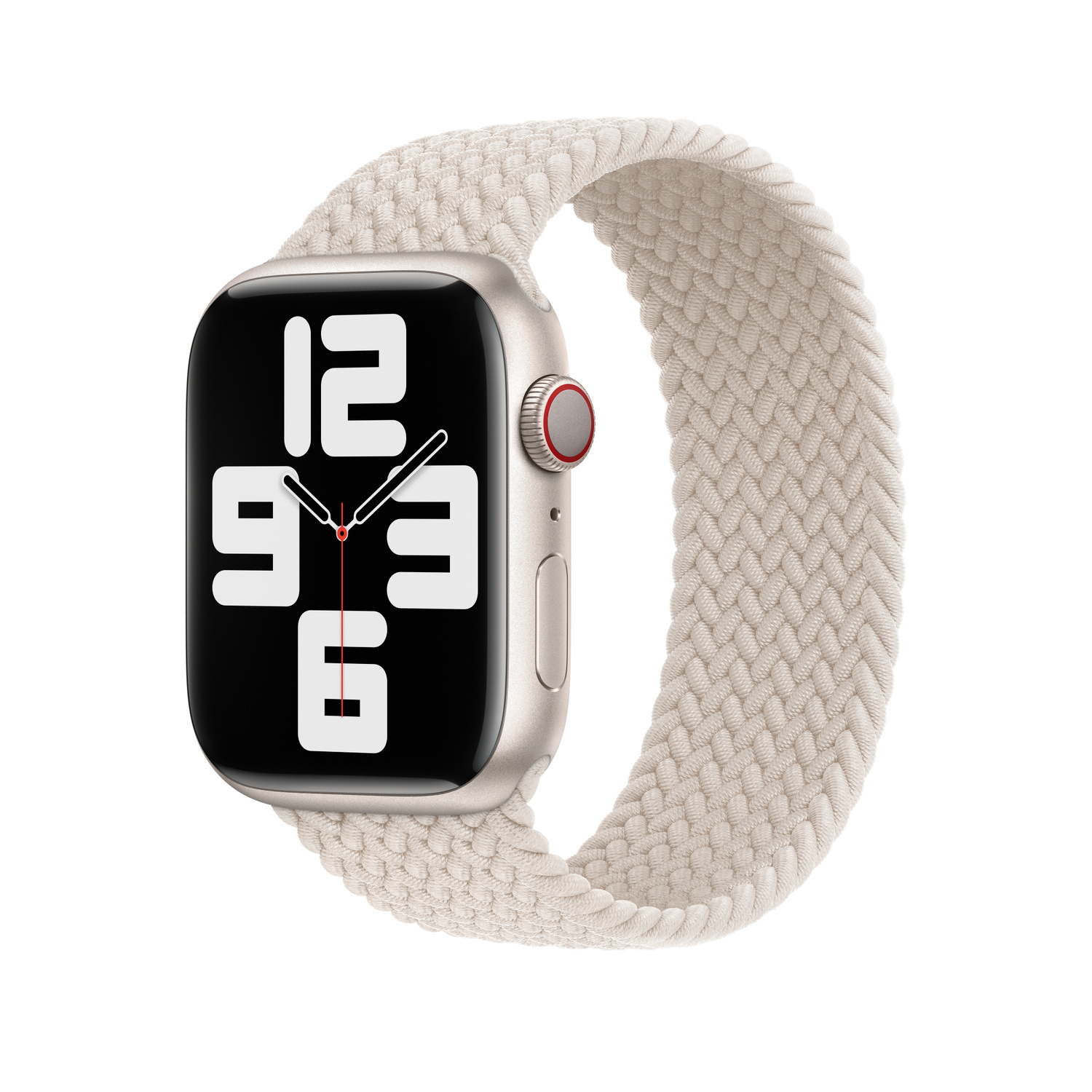 An Apple Watch with a light beige braided solo loop. The watch face shows the time, 12:16. The watch case is light silver.