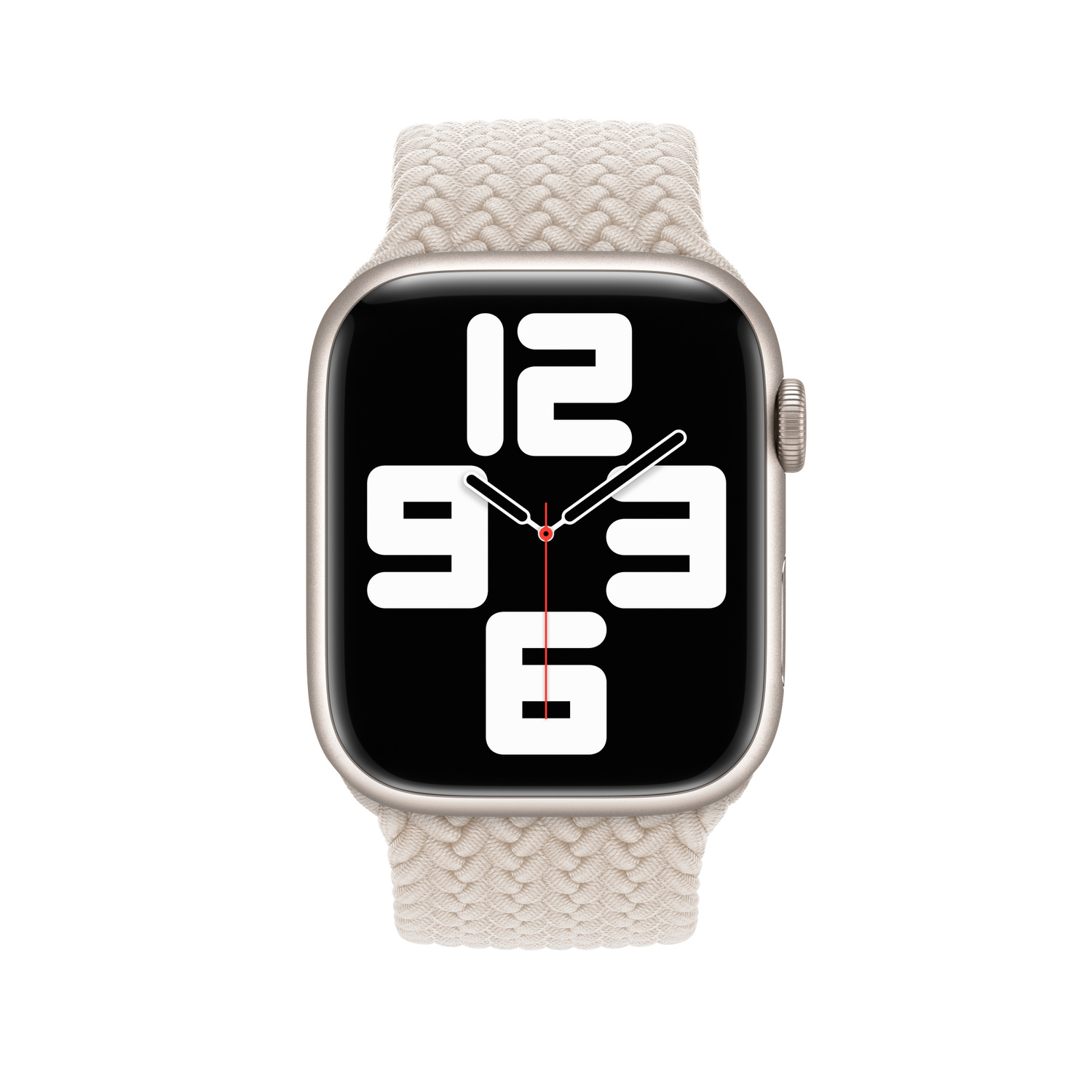 An Apple Watch with a light beige braided strap. The watch face displays the time with white numbers on a black background.