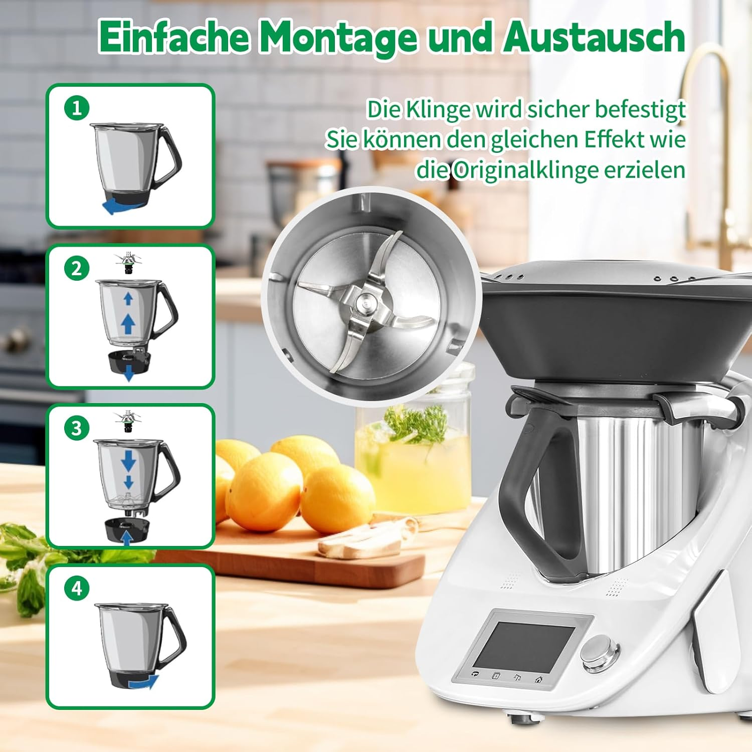 Das Bild zeigt die Montage der Blenderteile. Enthält Zitronen, ein Glas Flüssigkeit und ein weißes Küchengerät mit Touchscreen und Knopf.