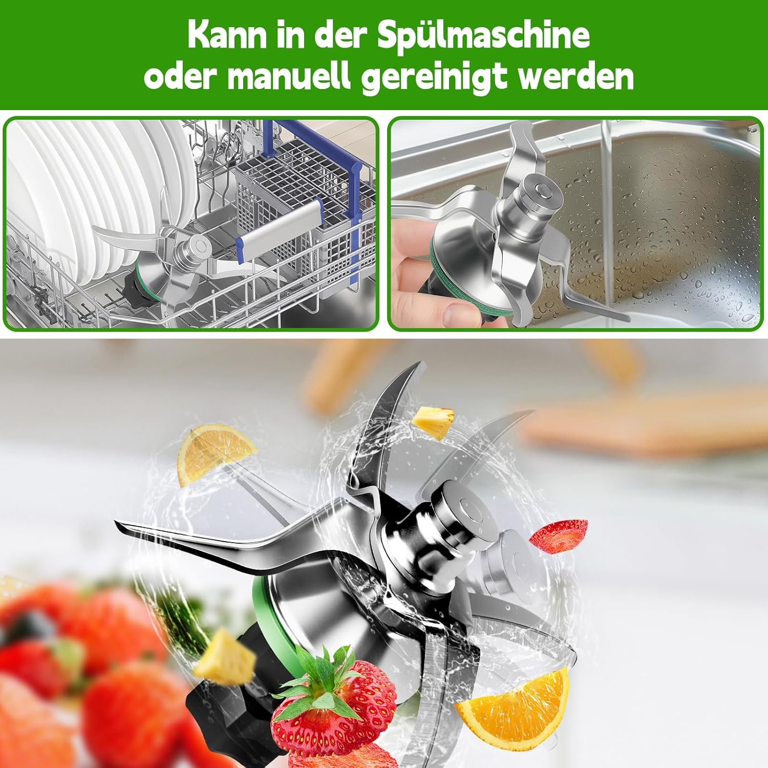 Ein Mixer-Messer mit Früchten und Wasserspritzern. Es zeigt Reinigungsoptionen: Spülmaschine und manuell, auch Erdbeeren, Zitrone und Ananas.