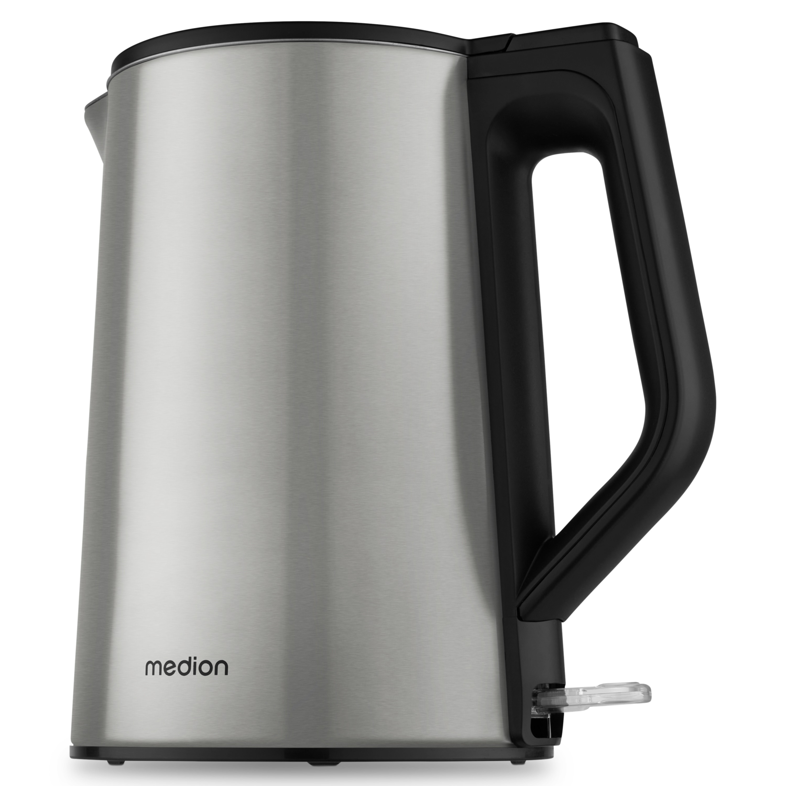 Una tetera eléctrica de acero inoxidable con asa y tapa negras. La marca 'medion' está impresa.