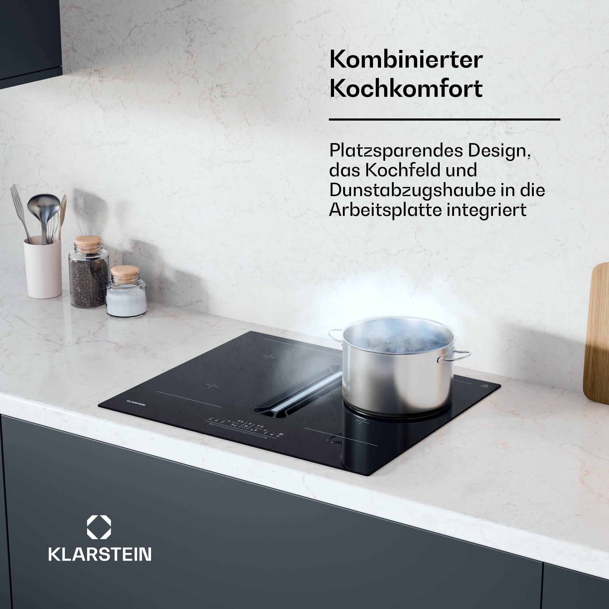 Moderne Küche mit schwarzem Kochfeld, Kochtopf mit kochendem Wasser und deutschem Text.
