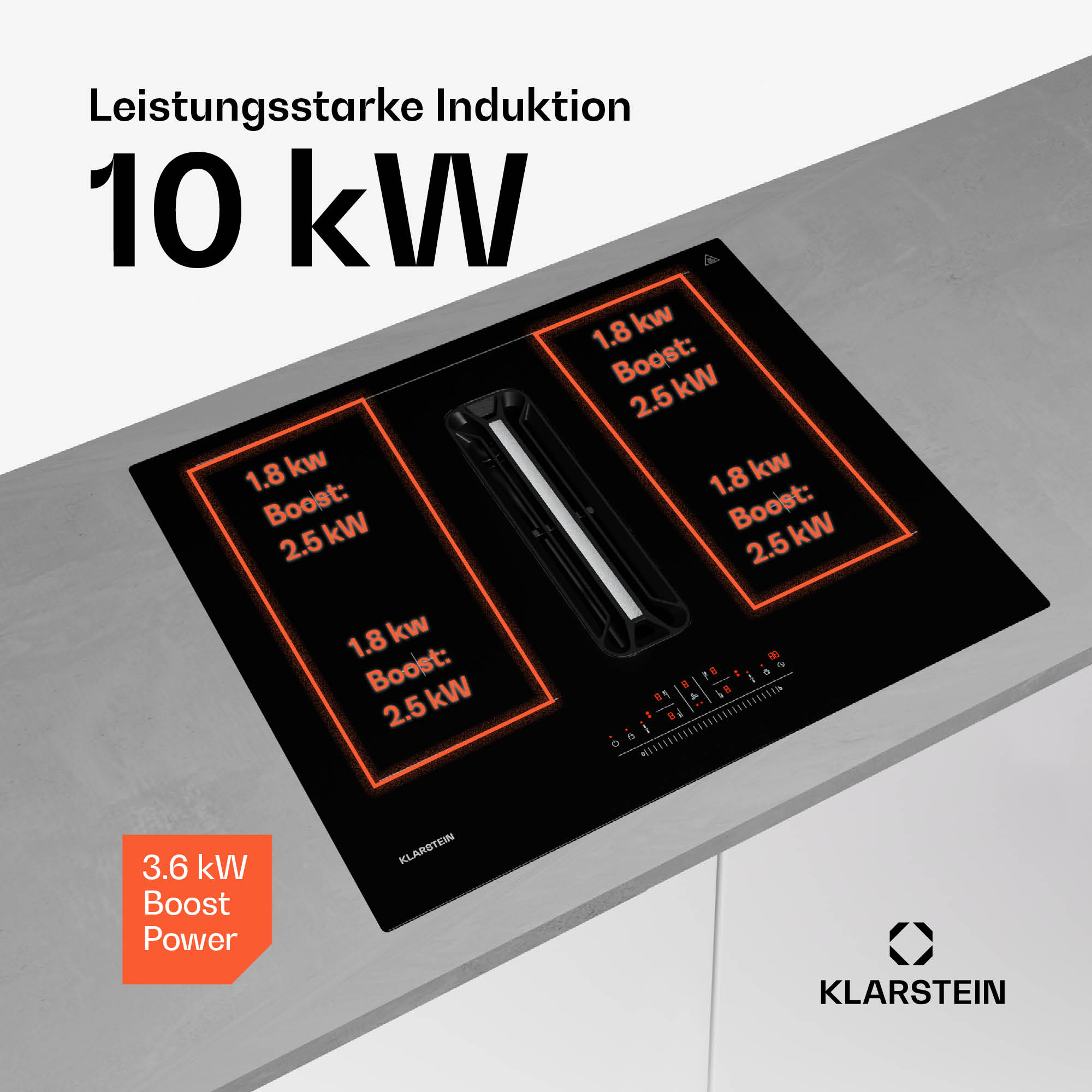 Schwarzes Induktionskochfeld mit orangefarbenem Text, der Leistungsstufen und Boost-Funktion anzeigt. Marke: Klarstein.