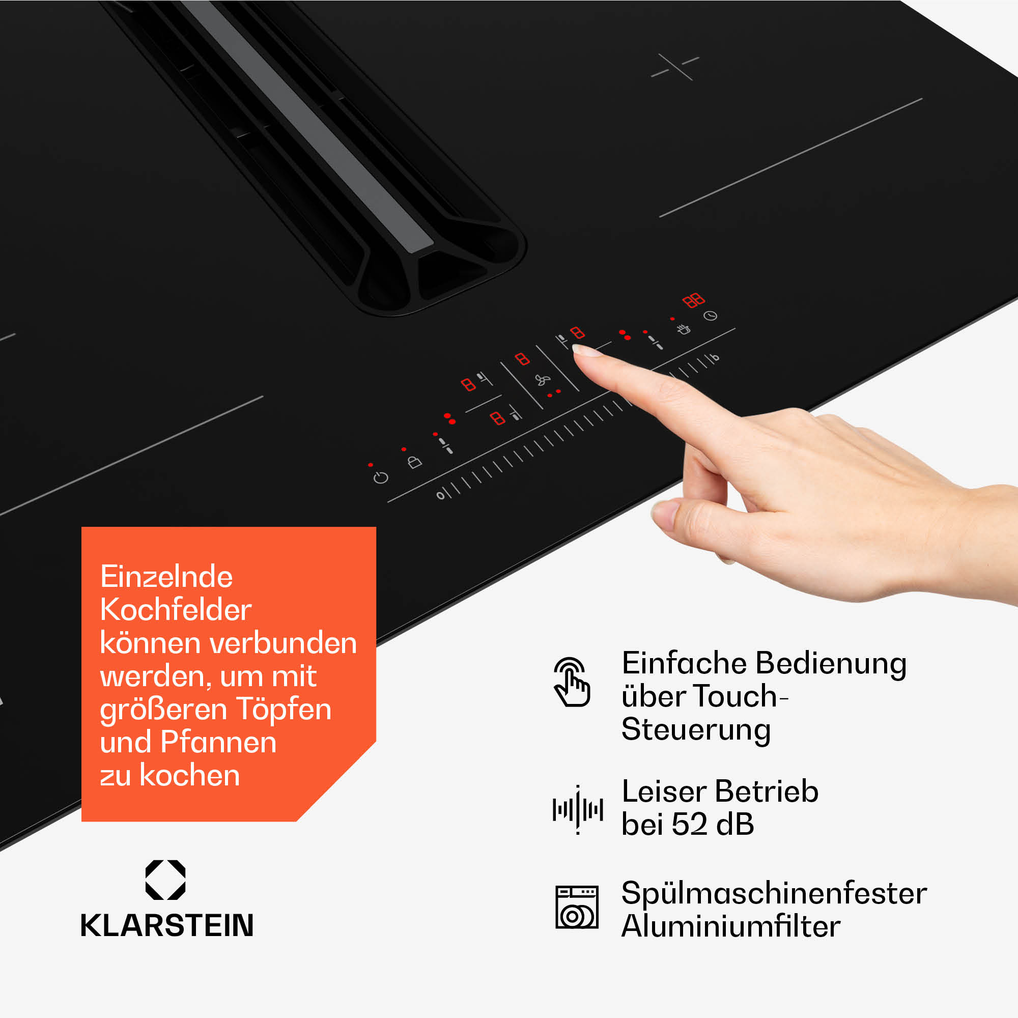 Schwarzes Induktionskochfeld mit rot beleuchteten Bedienelementen. Eine Hand berührt das Bedienfeld. Eine orangefarbene Box mit Text.