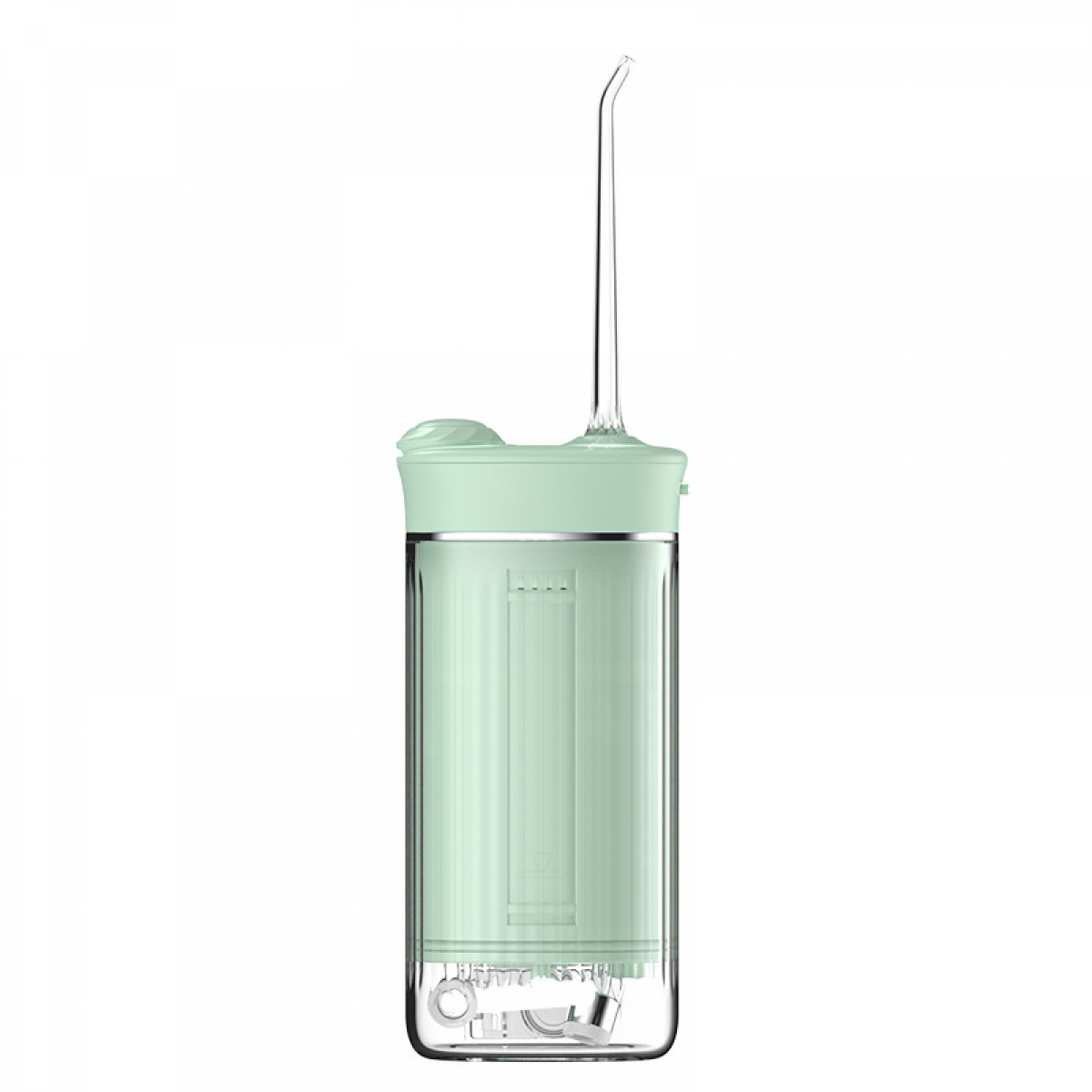 Ein mintgrüner und klarer Wasserflosser. Er hat eine lange, klare, gebogene Düse. Die Basis ist transparent und zeigt interne Komponenten.