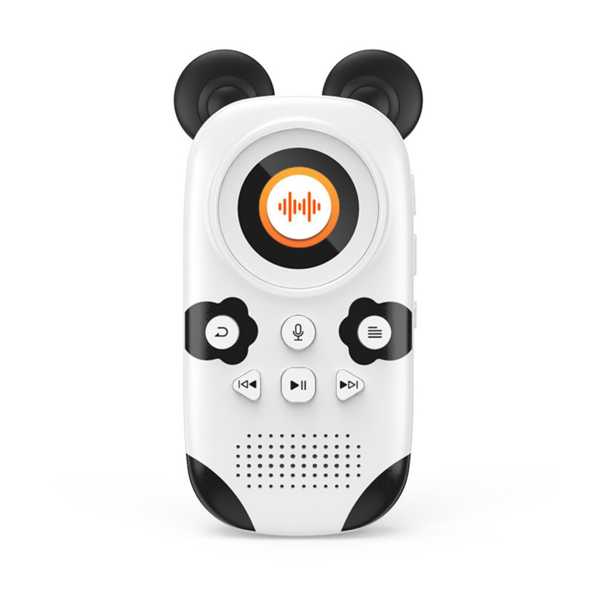 Ein weißer, panda-förmiger Rekorder mit schwarzen Ohren und Akzenten. Es hat Knöpfe und einen Bildschirm mit Audio-Wellen.