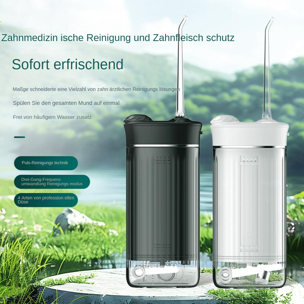 Zwei Zahnreinigungsgeräte, schwarz und weiß, mit deutschem Text. Der Text beschreibt Reinigungsfunktionen und Erfrischung.