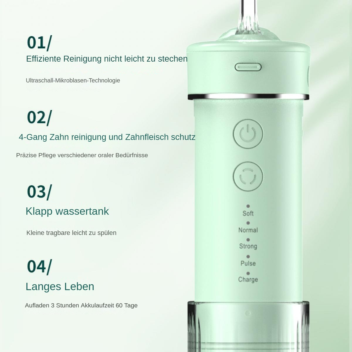 Eine mintgrüne und transparente elektrische Zahnbürste mit Textbeschriftungen. Sie hat Knöpfe für Strom, Modus und Aufladen sowie einen Wassertank.