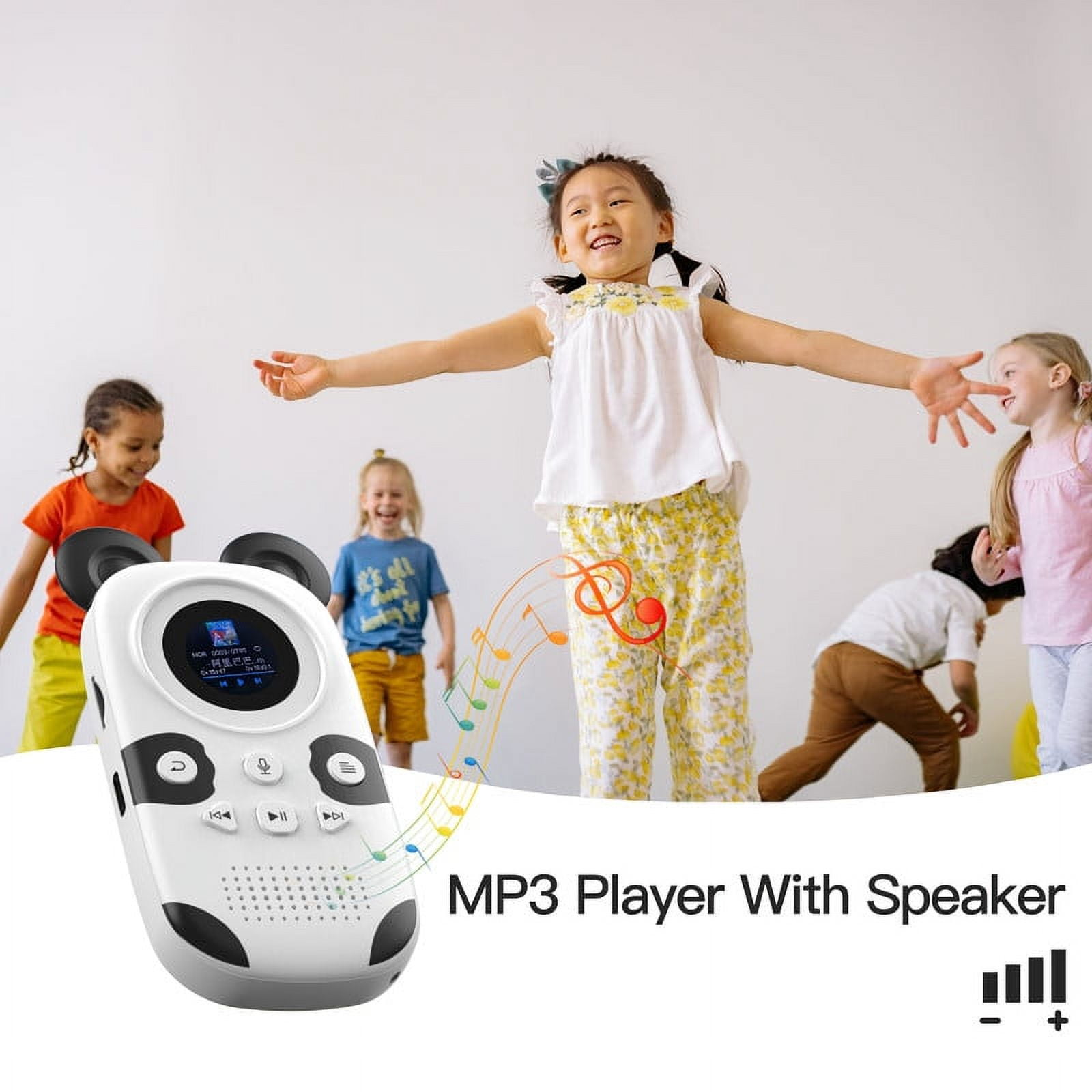 Kinder spielen in der Nähe eines MP3-Players in Pandaform. Noten kommen aus dem Player. Text lautet 'MP3-Player mit Lautsprecher'.