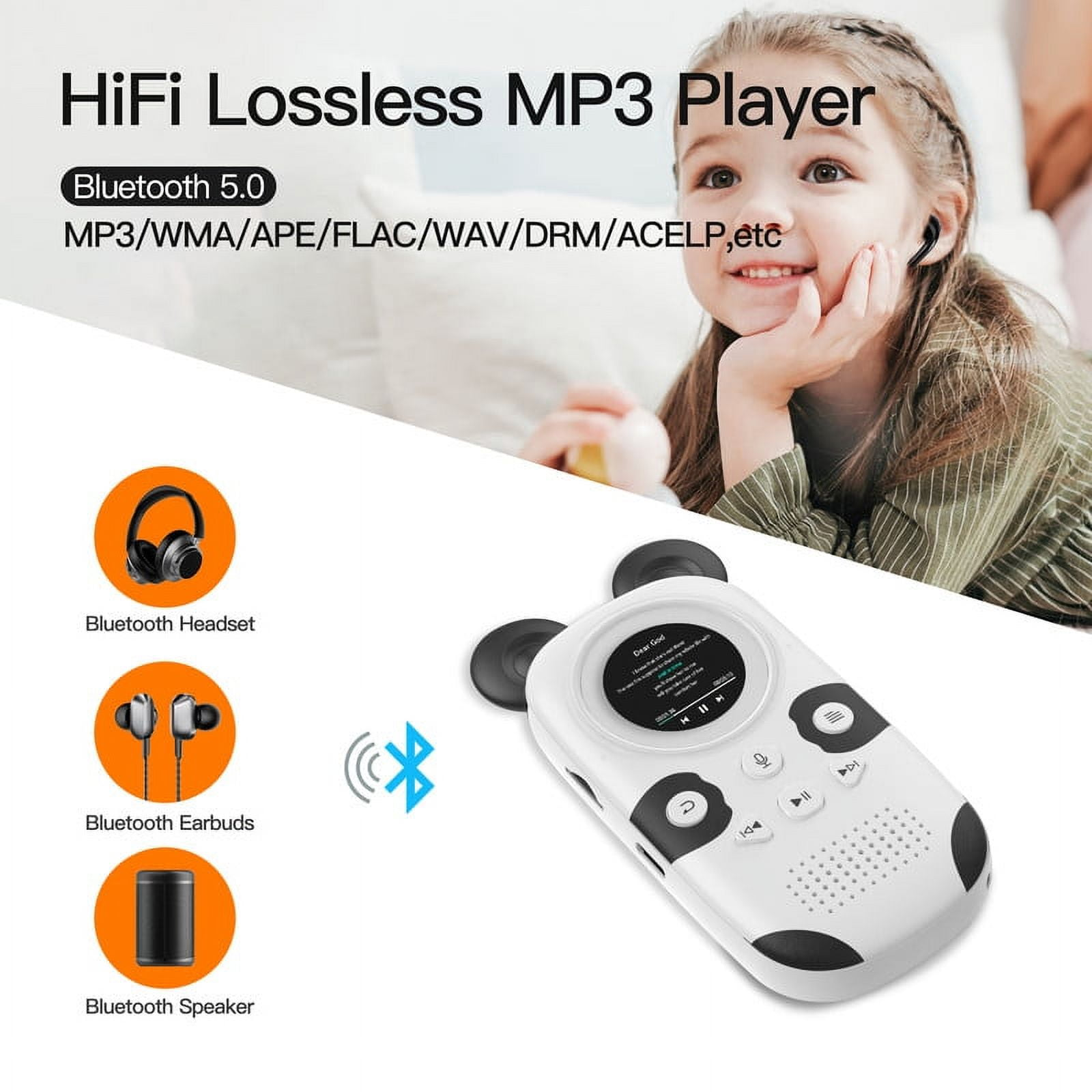 Ein lächelndes Mädchen mit Ohrhörern. Ein MP3-Player in Pandaform liegt daneben. Grafiken zeigen Bluetooth-Geräte und Player-Spezifikationen.