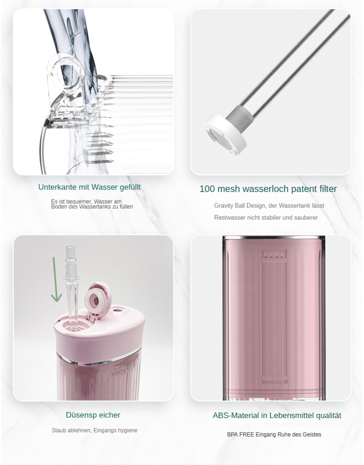 Das Bild zeigt Teile einer rosa Wasserflasche. Komponenten sind Strohhalm, Filter und Wasserfüllbereich. Textbeschriftungen sind enthalten.