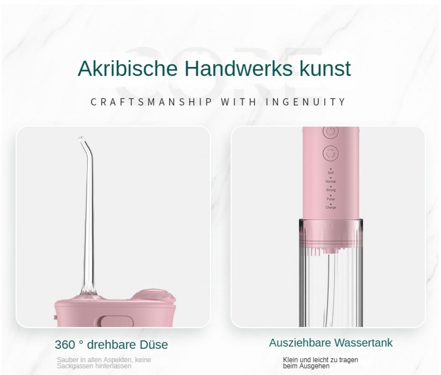 Ein rosa Zahn-Wasser-Flosser mit Wassertank. Es hat Knöpfe und eine Düse. Der Text lautet Handwerkskunst und andere Details.