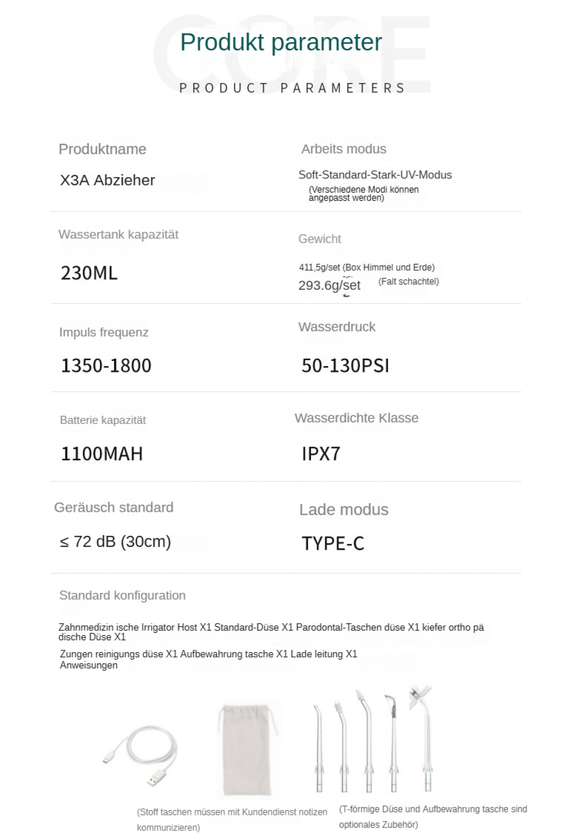 Produktparameter, einschließlich Name, Kapazität, Frequenz und Standardkonfiguration. Zubehör umfasst eine Tasche und verschiedene Düsentypen.