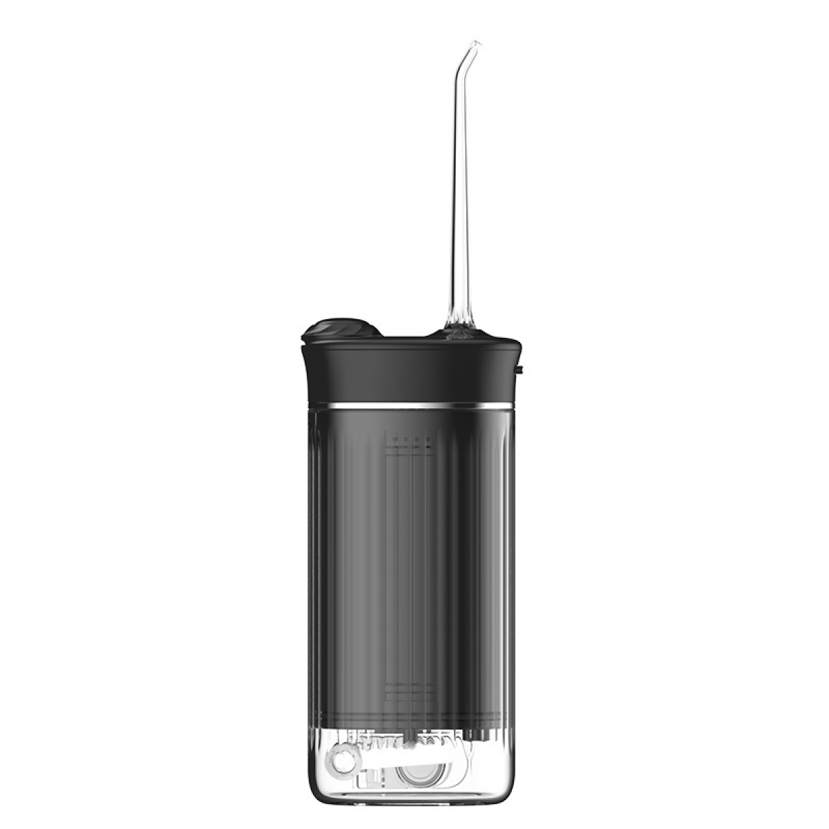 Ein Dental-Wasserflosser. Er hat einen schwarzen Deckel und einen transparenten zylindrischen Körper. Eine durchsichtige, gebogene Düse ragt nach oben.