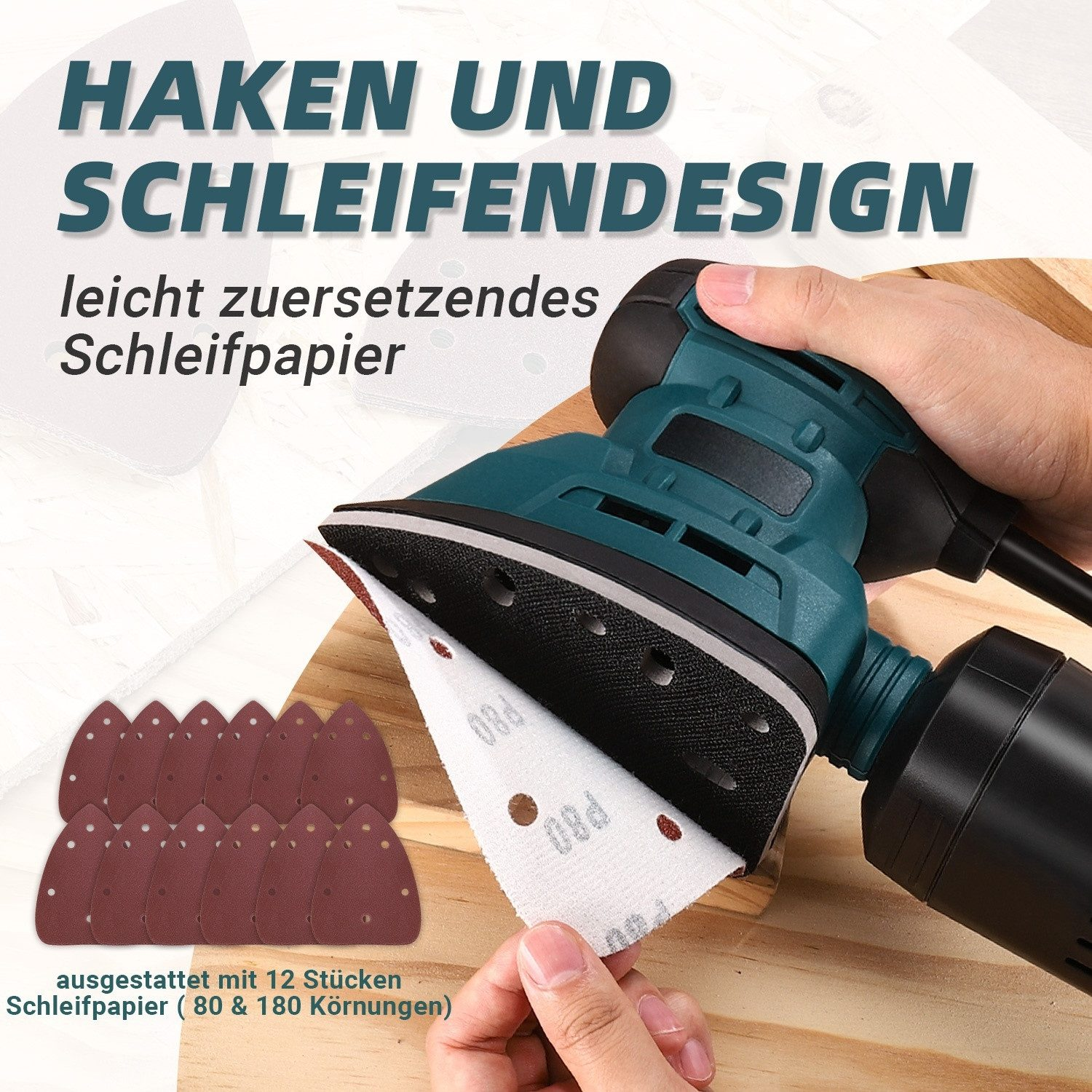Eine Hand hält einen Schleifer mit einem Stück Schleifpapier. Text auf dem Bild lautet 'HAKEN UND SCHLEIFENDESIGN' und 'Schleifpapier'.