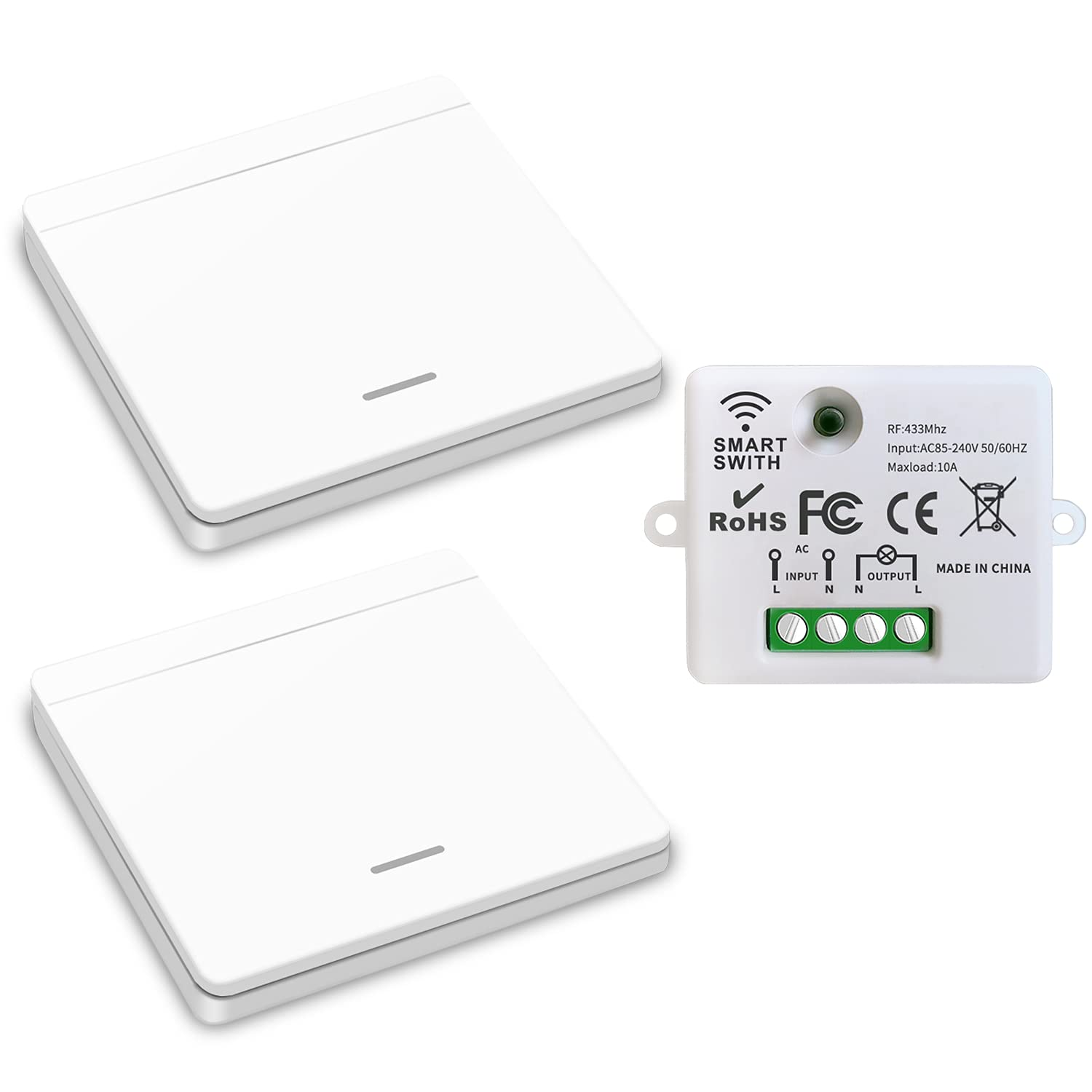 Zwei weiße Smart-Switches und ein kleines Bedienfeld mit grünen Anschlüssen und Spezifikationen. RoHS-, FC- und CE-Kennzeichnungen sind sichtbar.