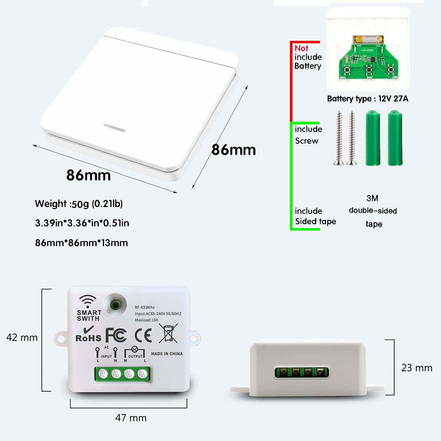 Produktbilder zeigen einen weißen Smart-Schalter mit Abmessungen, Zubehör und eine Nahaufnahme der internen Komponenten.