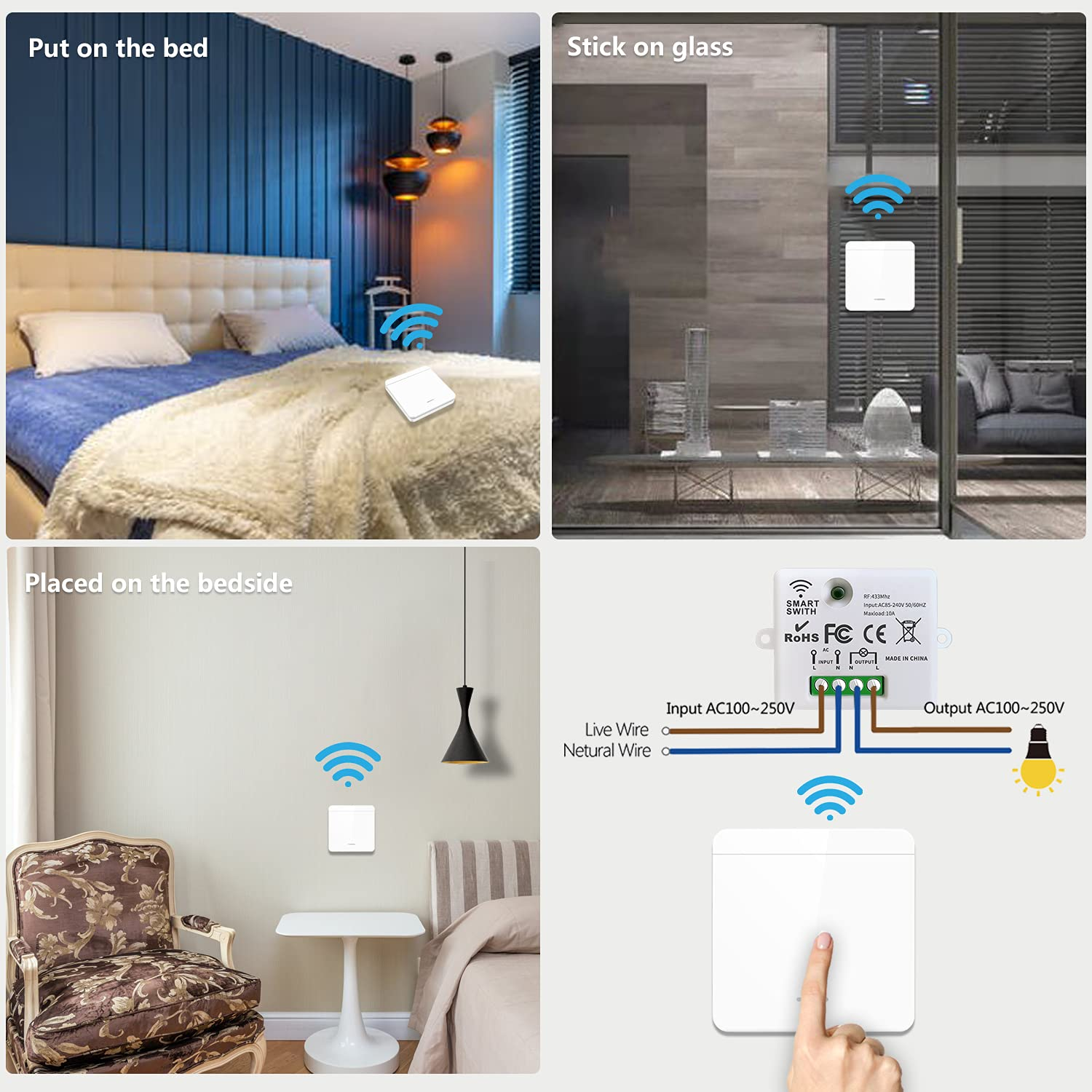 Das Bild zeigt einen Smart Switch in verschiedenen Umgebungen: Bett, Glas, Nachttisch und eine detaillierte Ansicht der Anschlüsse.