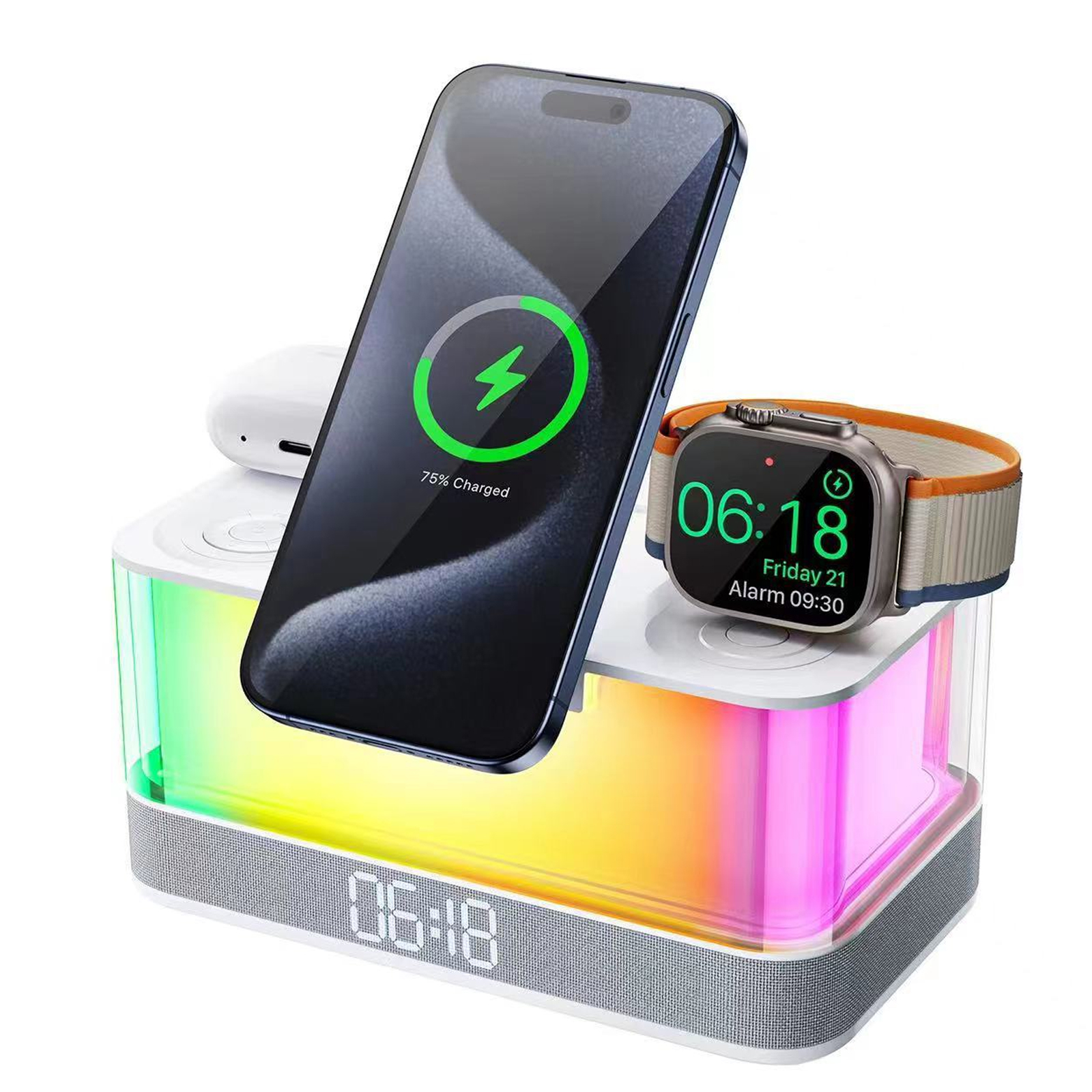 Eine Ladestation für Telefon, Uhr und Ohrhörer. Das Telefon zeigt 75 % geladen an. Die Uhr zeigt die Uhrzeit an. Die Basis hat eine Uhr.