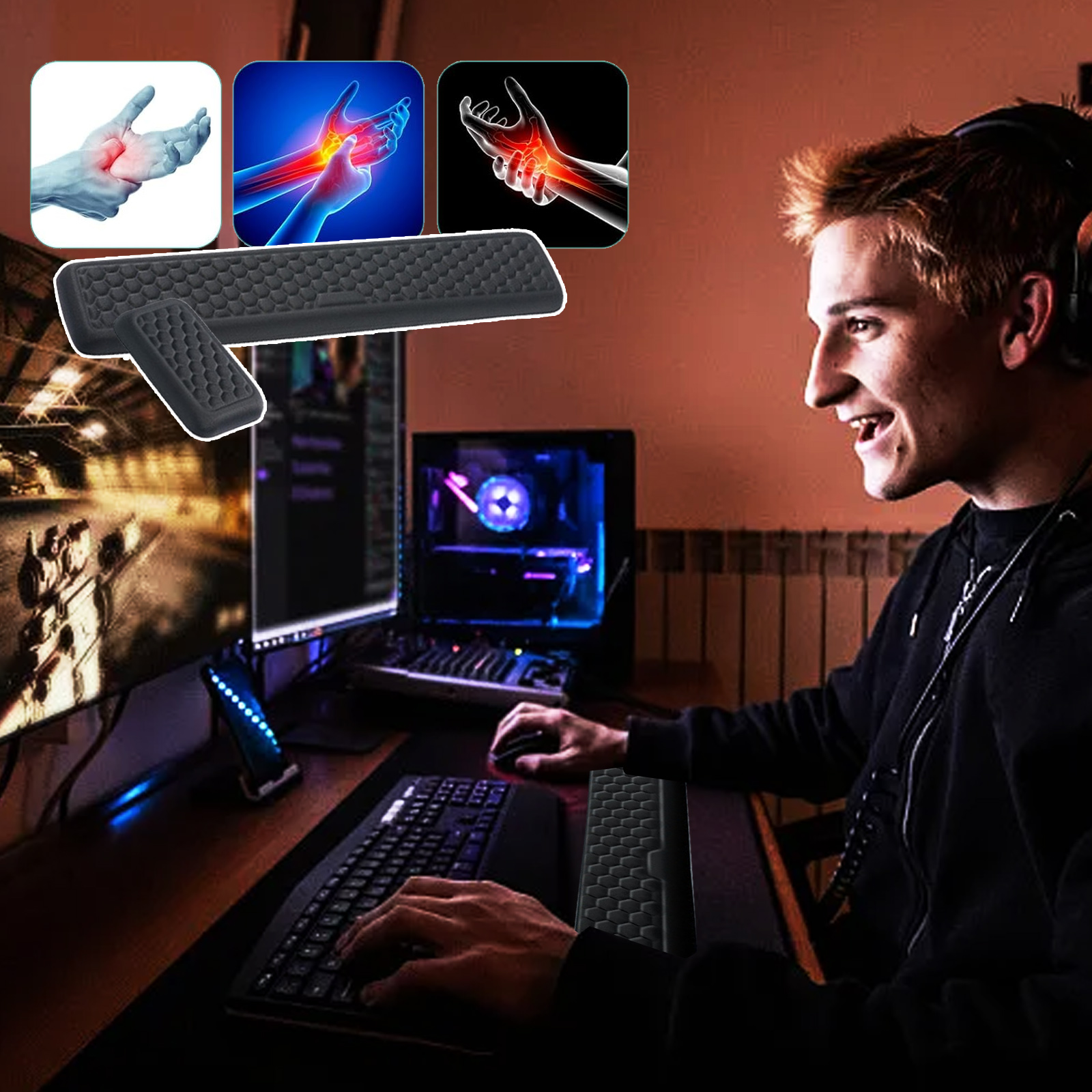 Ein Mann benutzt eine Tastatur mit Handgelenkstütze. Bilder von Handschmerzen sind zu sehen. Ein PC und ein Monitor sind im Hintergrund.
