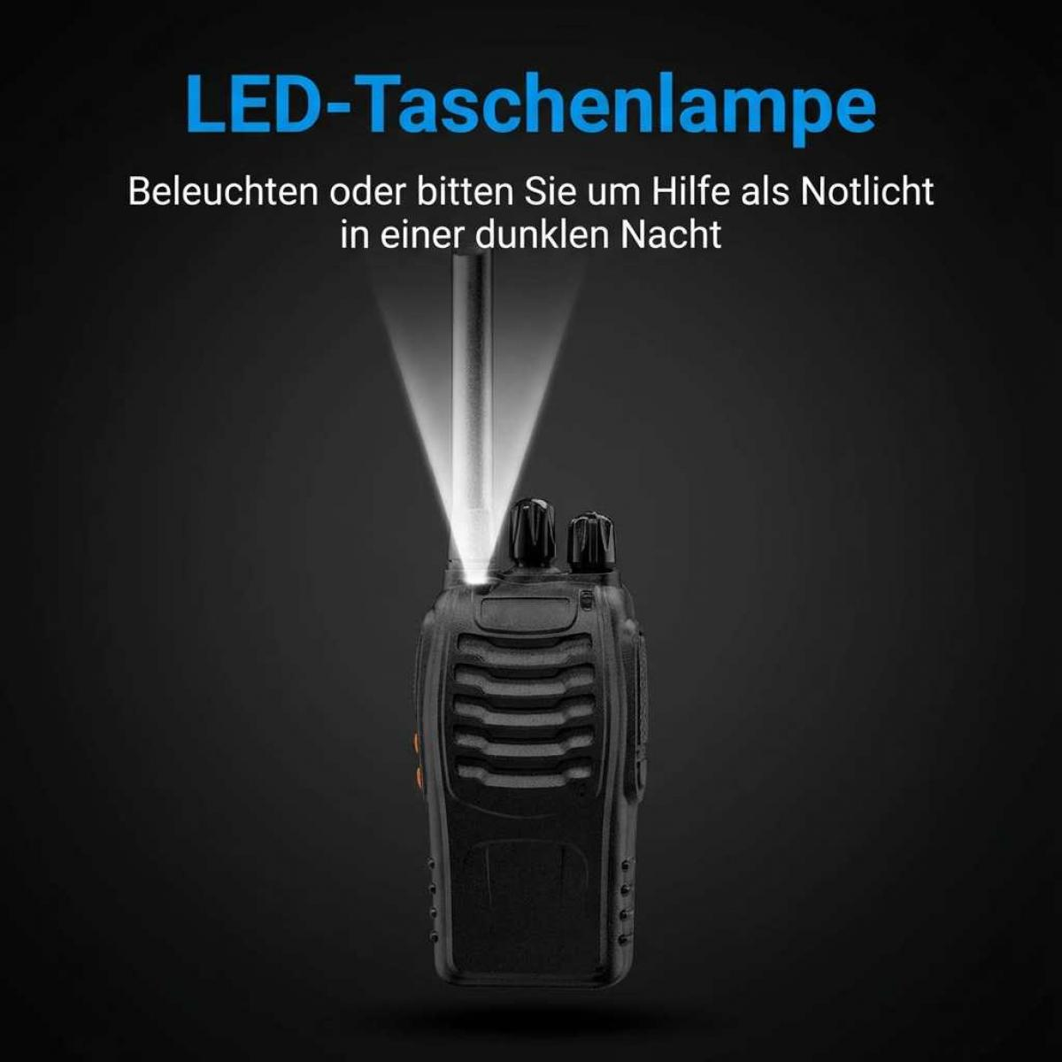 Ein schwarzes Walkie-Talkie mit hellem Lichtstrahl vor dunklem Hintergrund. Oben steht 'LED-Taschenlampe'.