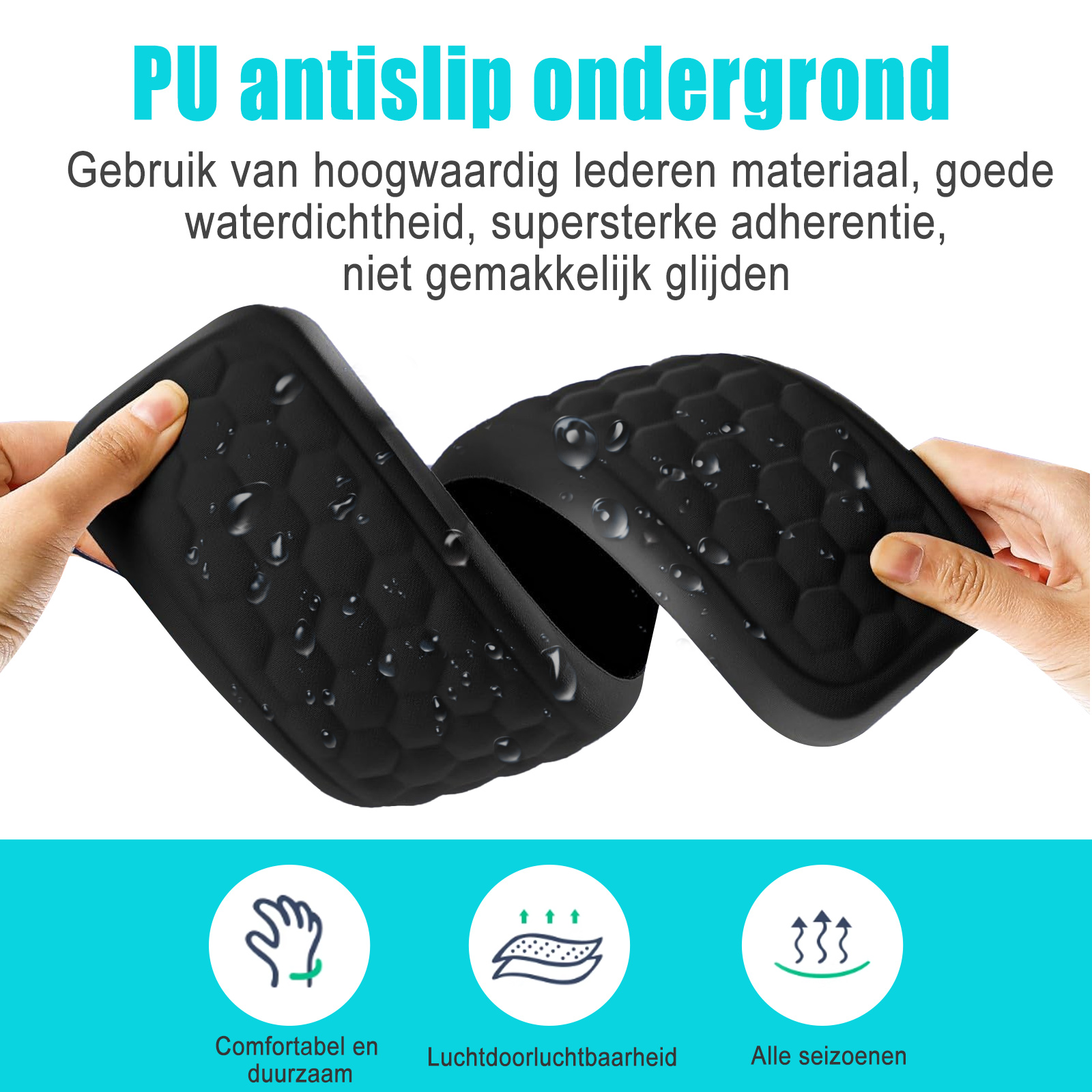 Schwarzes, flexibles Material wird von Händen gehalten. Der Text oben lautet 'PU antislip ondergrond'.