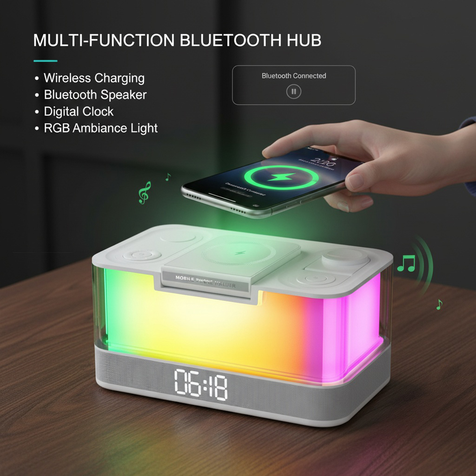 Ein Bluetooth-Hub mit kabellosem Laden. Es hat eine Digitaluhr und ein RGB-Licht.