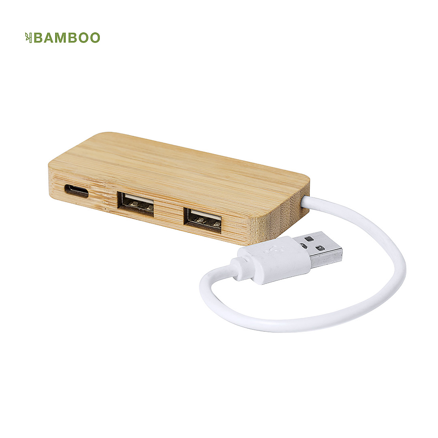 Un hub USB in bambù con cavo bianco e connettore USB. Ha due porte USB e una porta USB-C.
