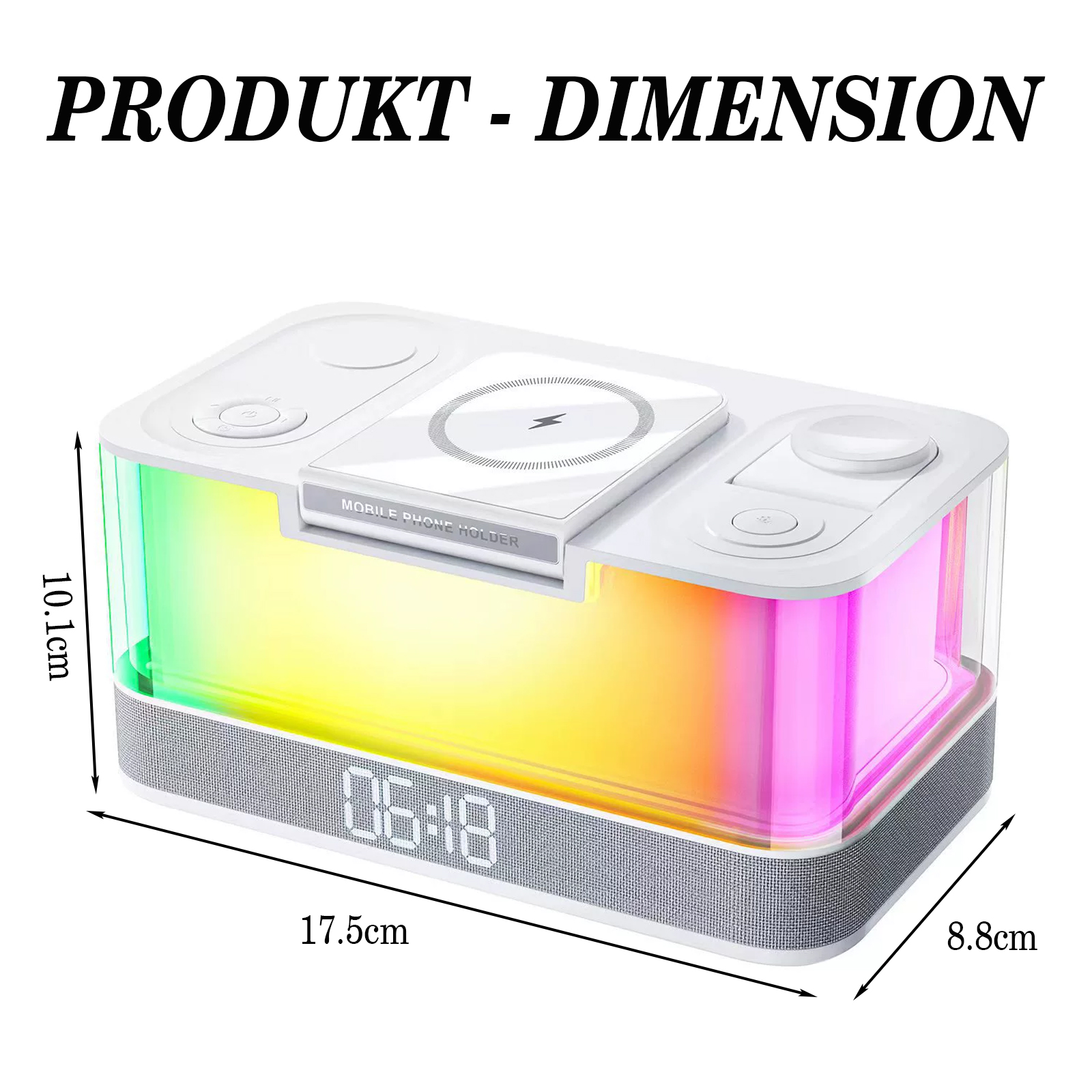 Eine weiße Ladestation mit Abmessungen. Es hat eine Uhr und buntes Licht. Text: PRODUKT - DIMENSION.
