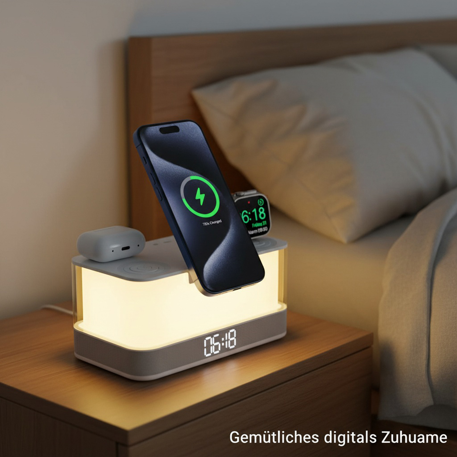 Ein Nachttisch mit Ladestation, die ein Telefon, eine Uhr und Ohrhörer hält. Das Telefon wird aufgeladen.