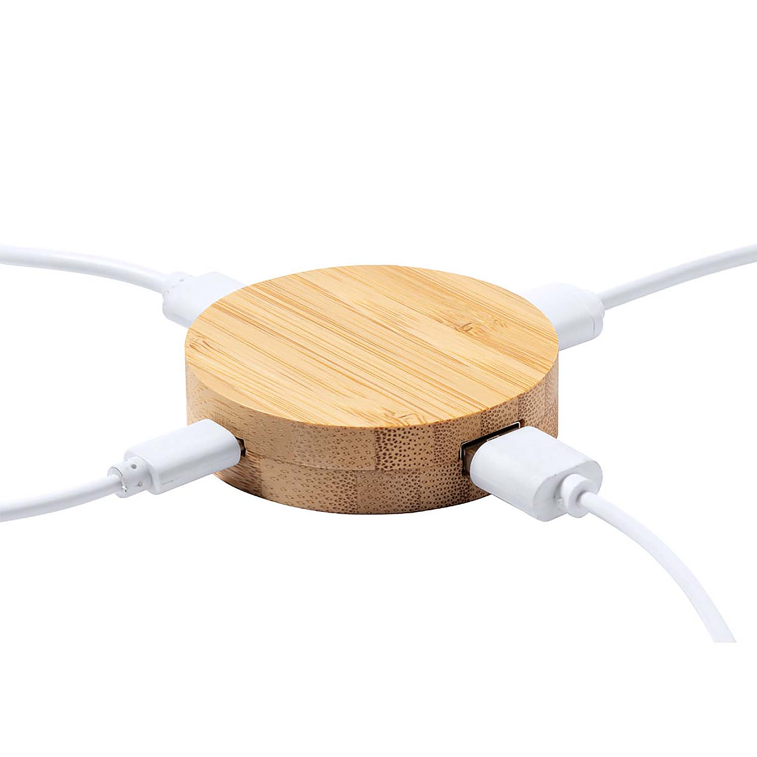 Un hub USB rotondo in legno con quattro cavi bianchi che si estendono verso l'esterno. Ogni cavo ha un connettore USB bianco.