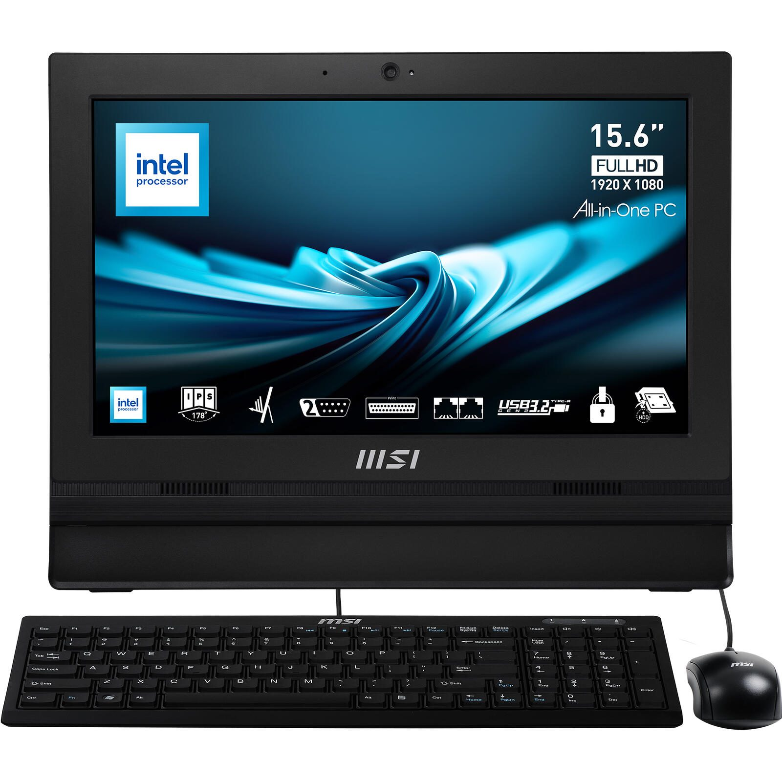 Schwarzer All-in-One-PC mit Tastatur und Maus. Der Bildschirm zeigt einen blauen, abstrakten Hintergrund.