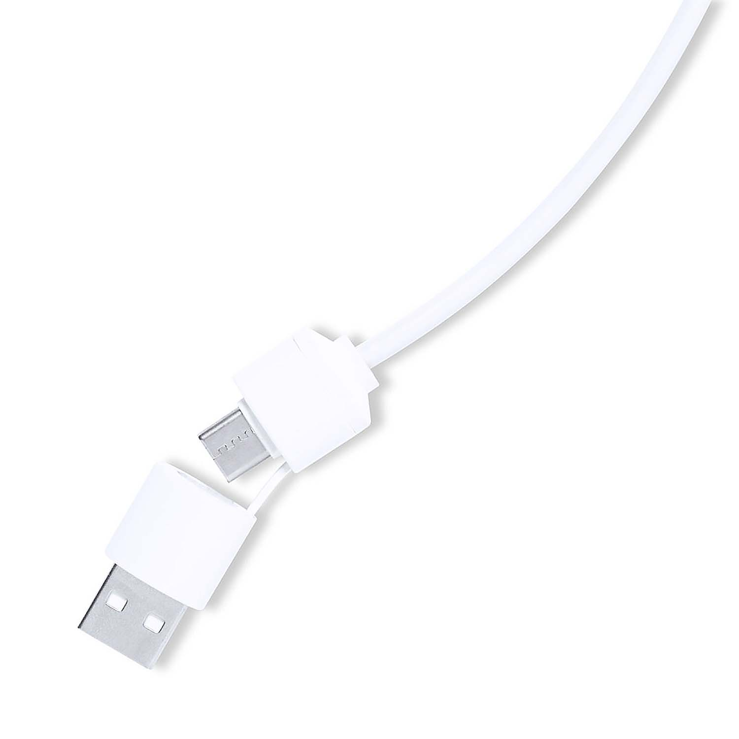 Un cavo di ricarica USB bianco su sfondo bianco. Il cavo ha un connettore USB e un connettore micro-USB.
