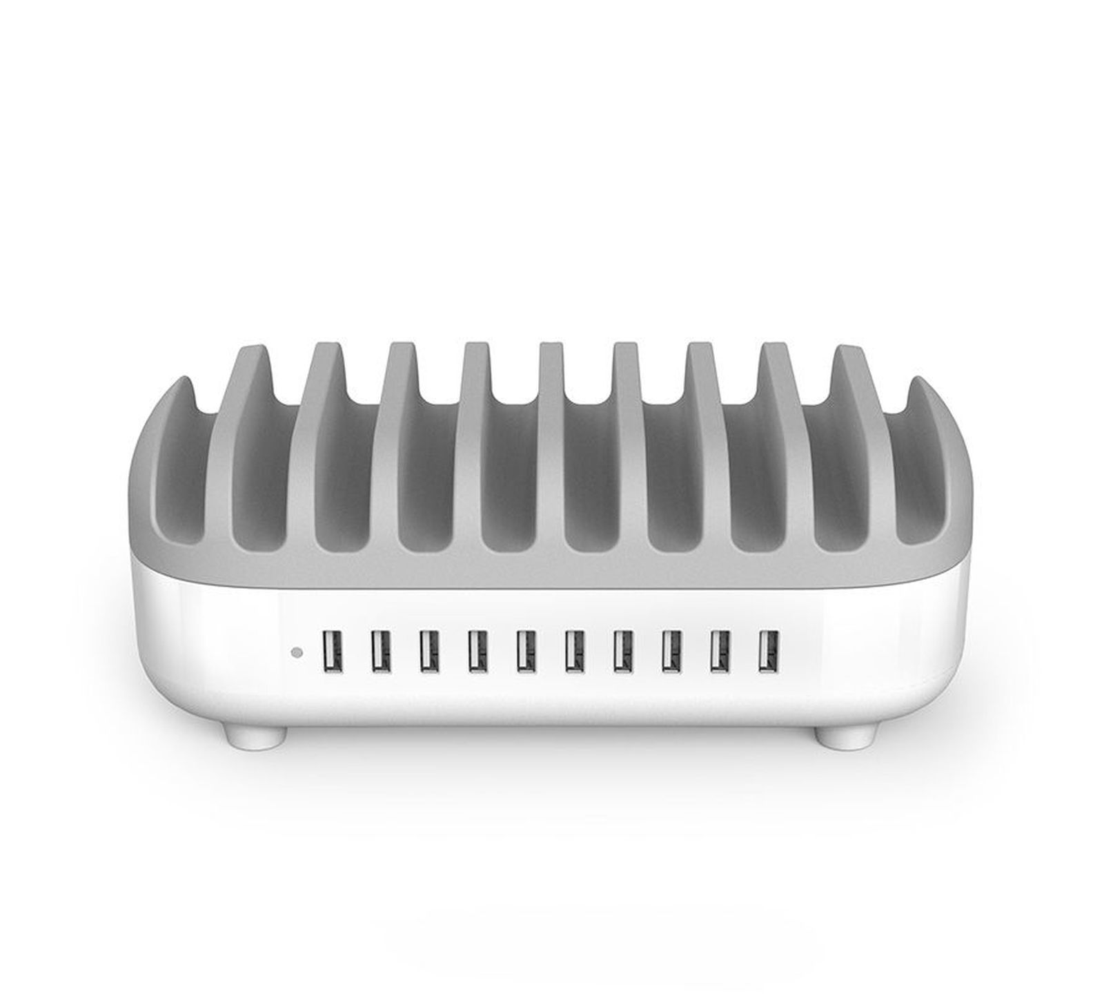 Eine weiße und graue Ladestation. Die Oberseite hat Schlitze für Geräte. Die Vorderseite hat mehrere USB-Anschlüsse.