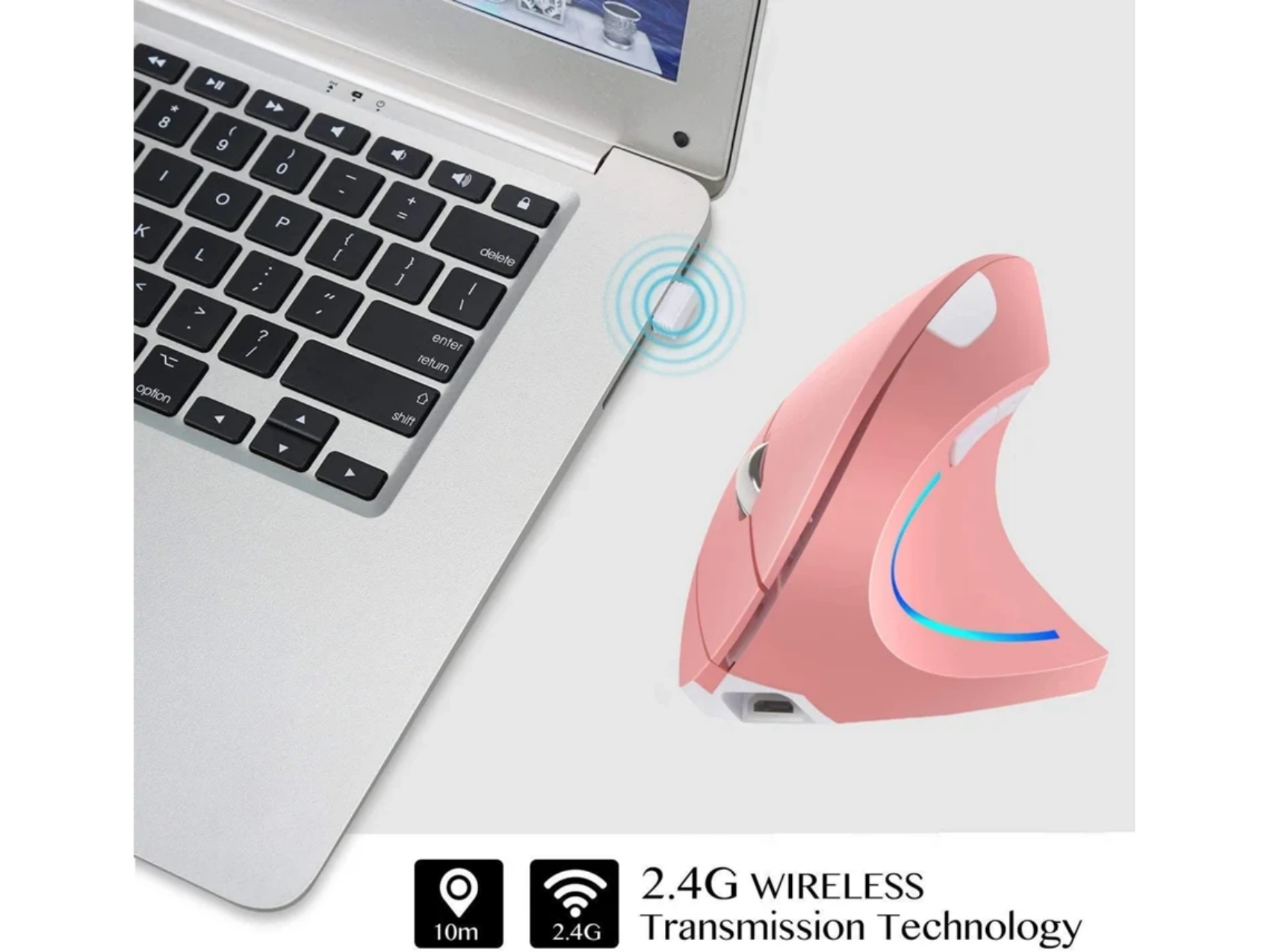 Eine rosa ergonomische Maus neben einem Laptop. Ein USB-Empfänger ist an den Laptop angeschlossen. Drahtlose Technologie wird beworben.