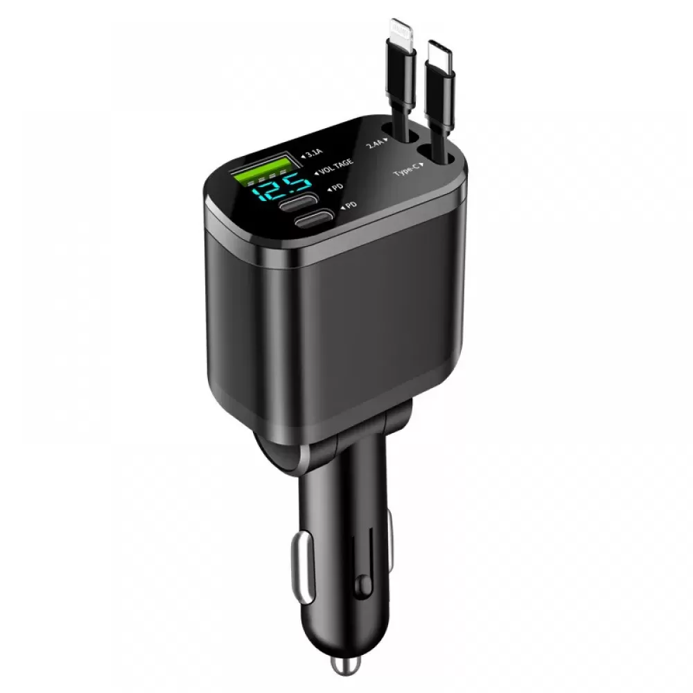 Schwarzes Autoladegerät mit digitaler Anzeige. Es hat zwei USB-Anschlüsse und zwei Ladekabel oben.