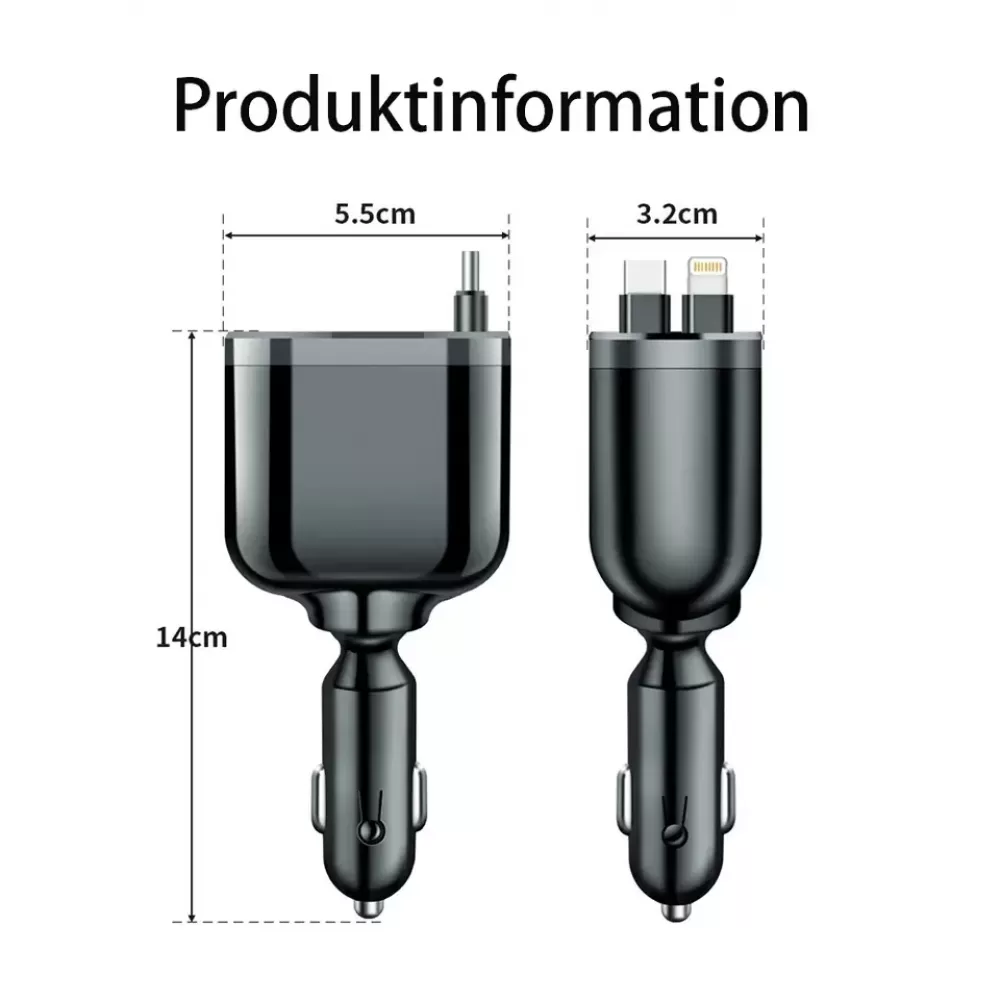 Zwei schwarze Autoladegeräte mit Maßangaben. Eines hat einen Stift, das andere USB-C- und Lightning-Anschlüsse.
