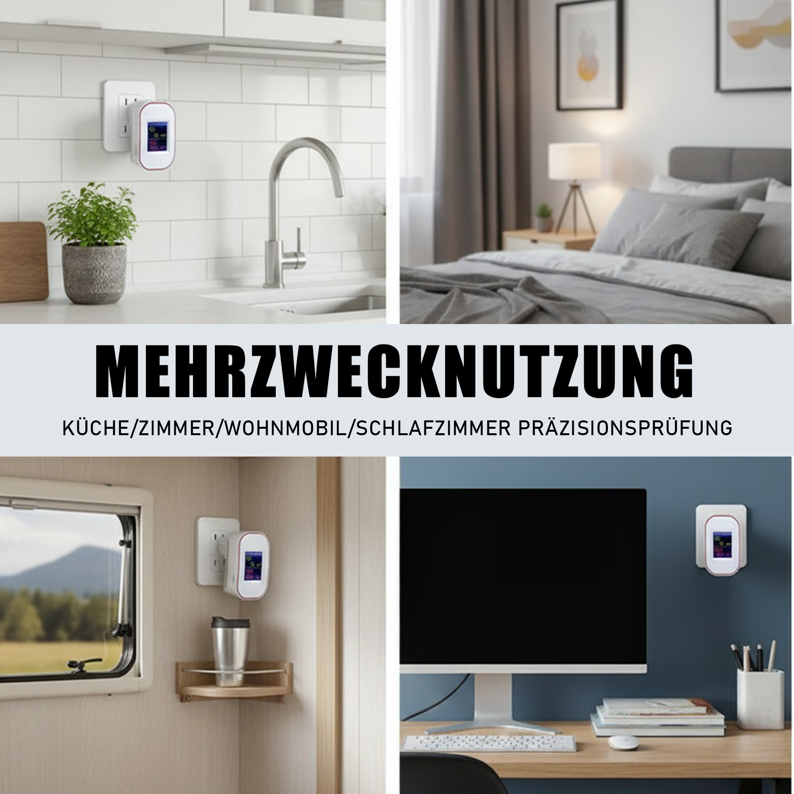 Das Bild zeigt mehrere Szenen mit einem eingesteckten Gerät. Szenen: Küche, Schlafzimmer, Wohnmobil und Büro. Das Gerät zeigt Daten an.