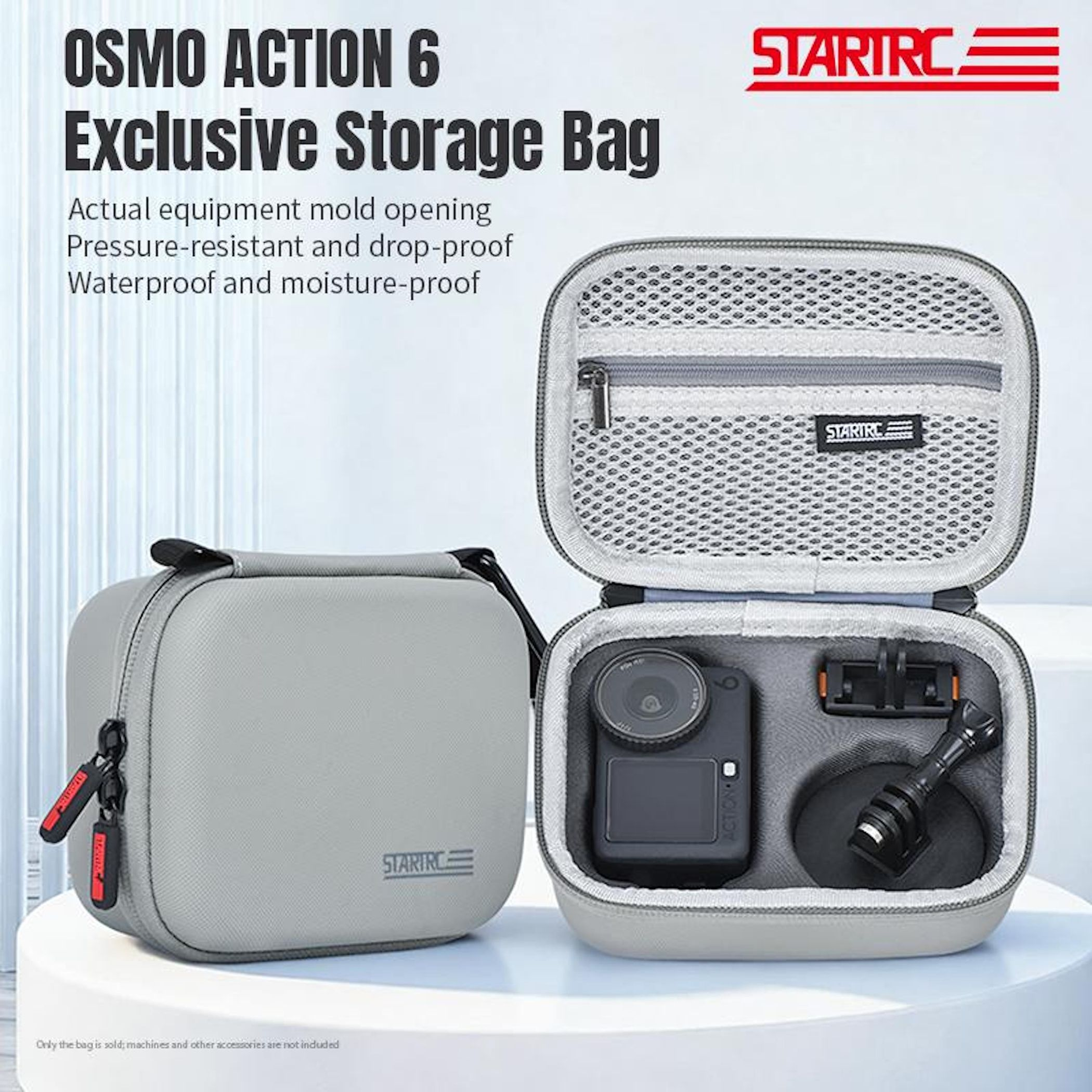 Das Bild zeigt eine offene graue Aufbewahrungstasche mit einer Kamera und Zubehör, mit Text: OSMO ACTION 6 Exclusive Storage Bag.