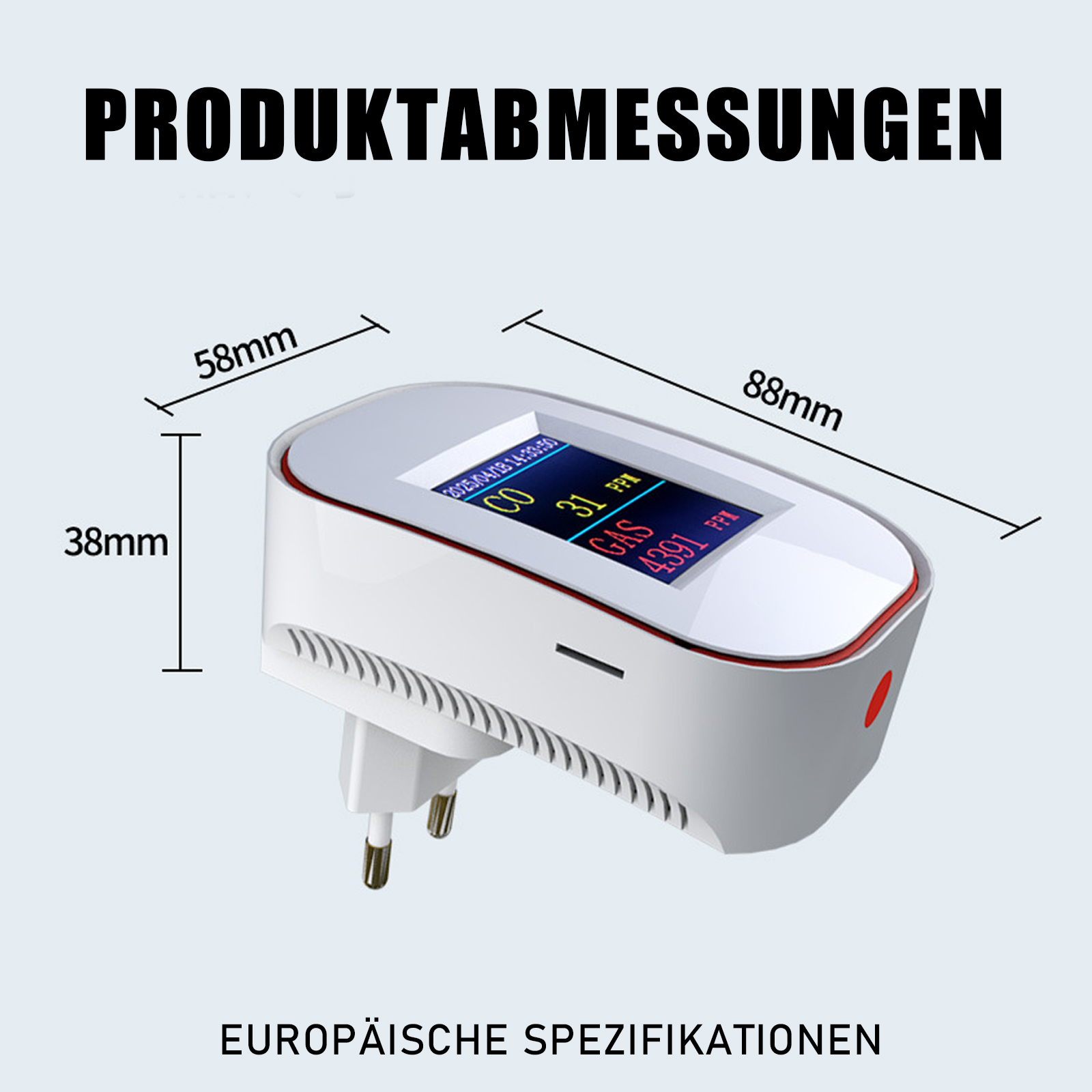 Ein weißer Gasdetektor mit Messungen, Stecker und Display. Text auf Deutsch und Englisch, mit Abmessungen.