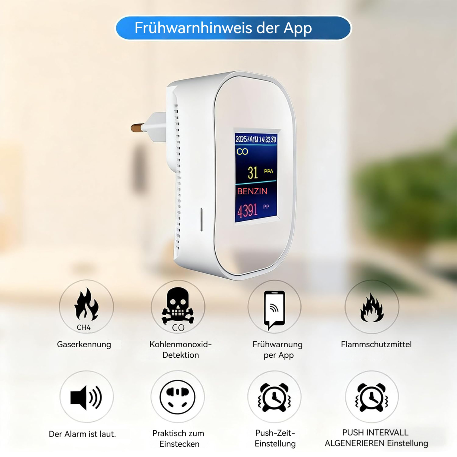 Ein weißer Gasdetektor mit einem Bildschirm, der CO- und Benzinniveaus anzeigt. Symbole darunter zeigen Funktionen.