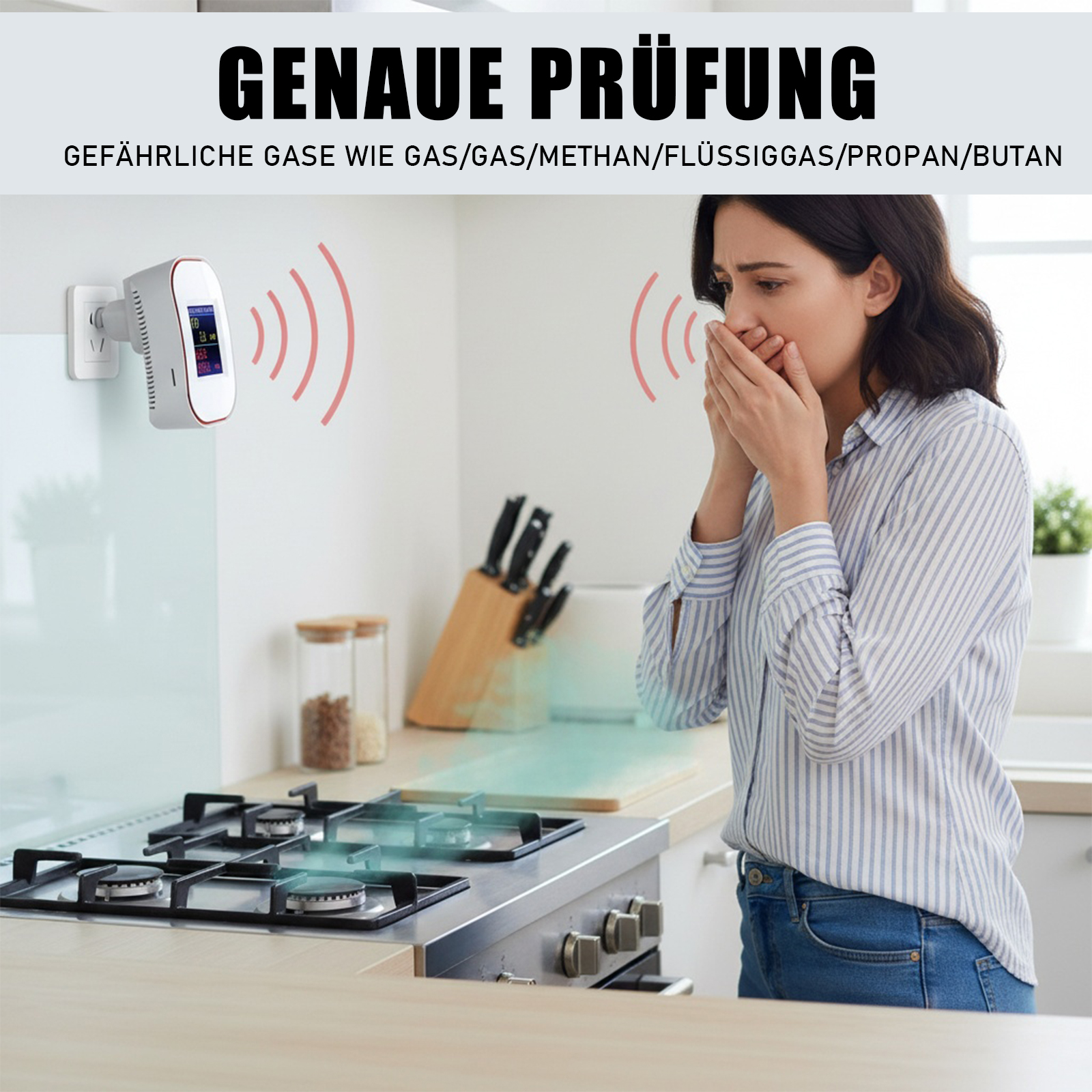 Frau in der Küche reagiert auf Gasleck, Detektor in der Nähe. Text: Genaue Prüfung gefährlicher Gase.