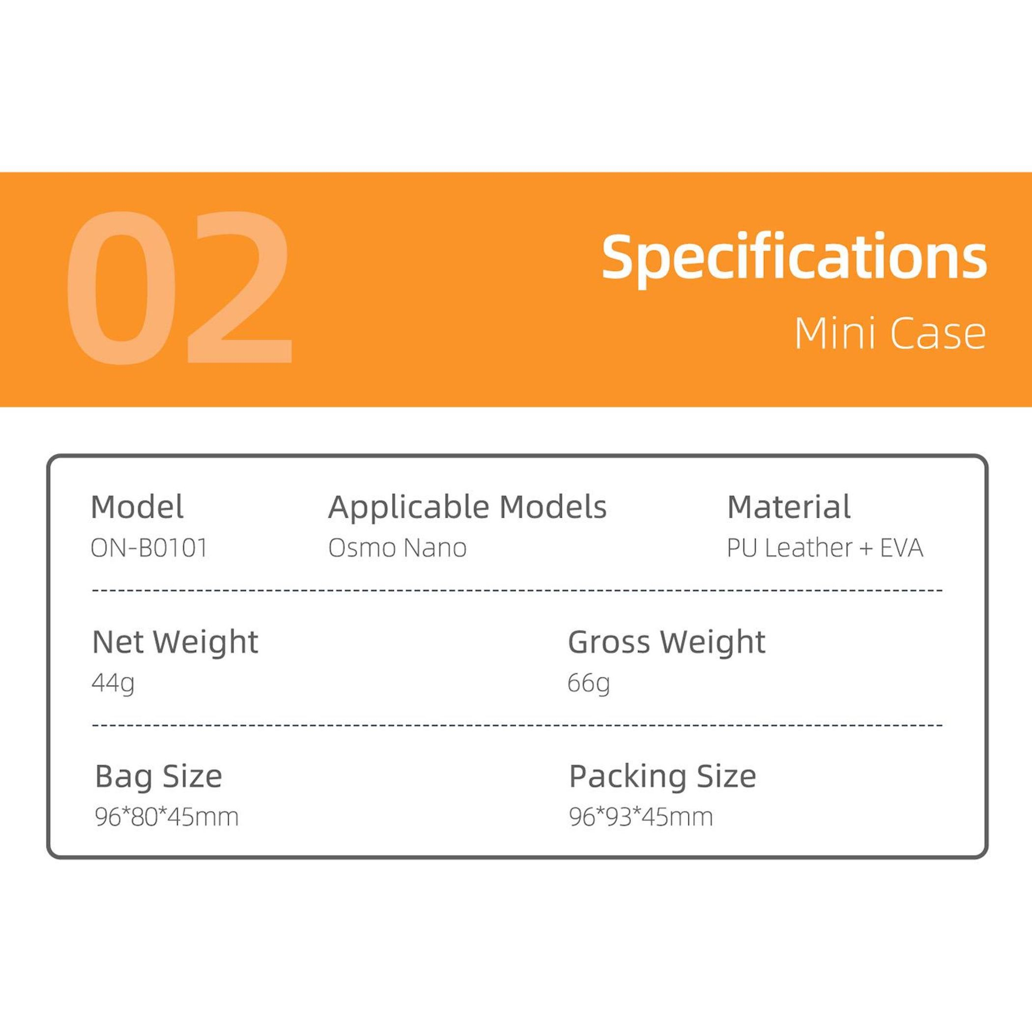 Ein orangefarbener Hintergrund mit weißem Text '02' und 'Spezifikationen Mini Case'. Darunter eine Tabelle mit Produktdetails.