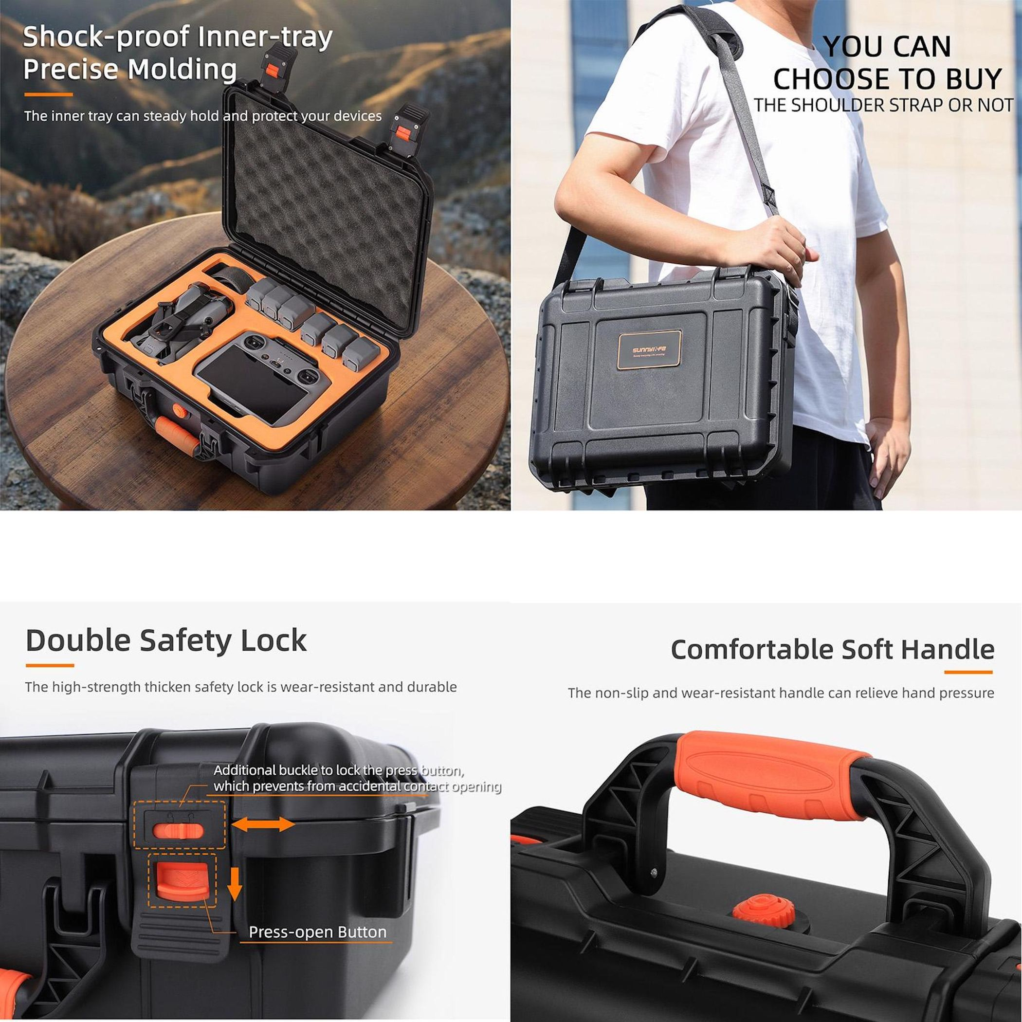 Custodia nera con interno arancione, contenente drone e accessori. Uomo che trasporta la custodia con tracolla. Vari primi piani.