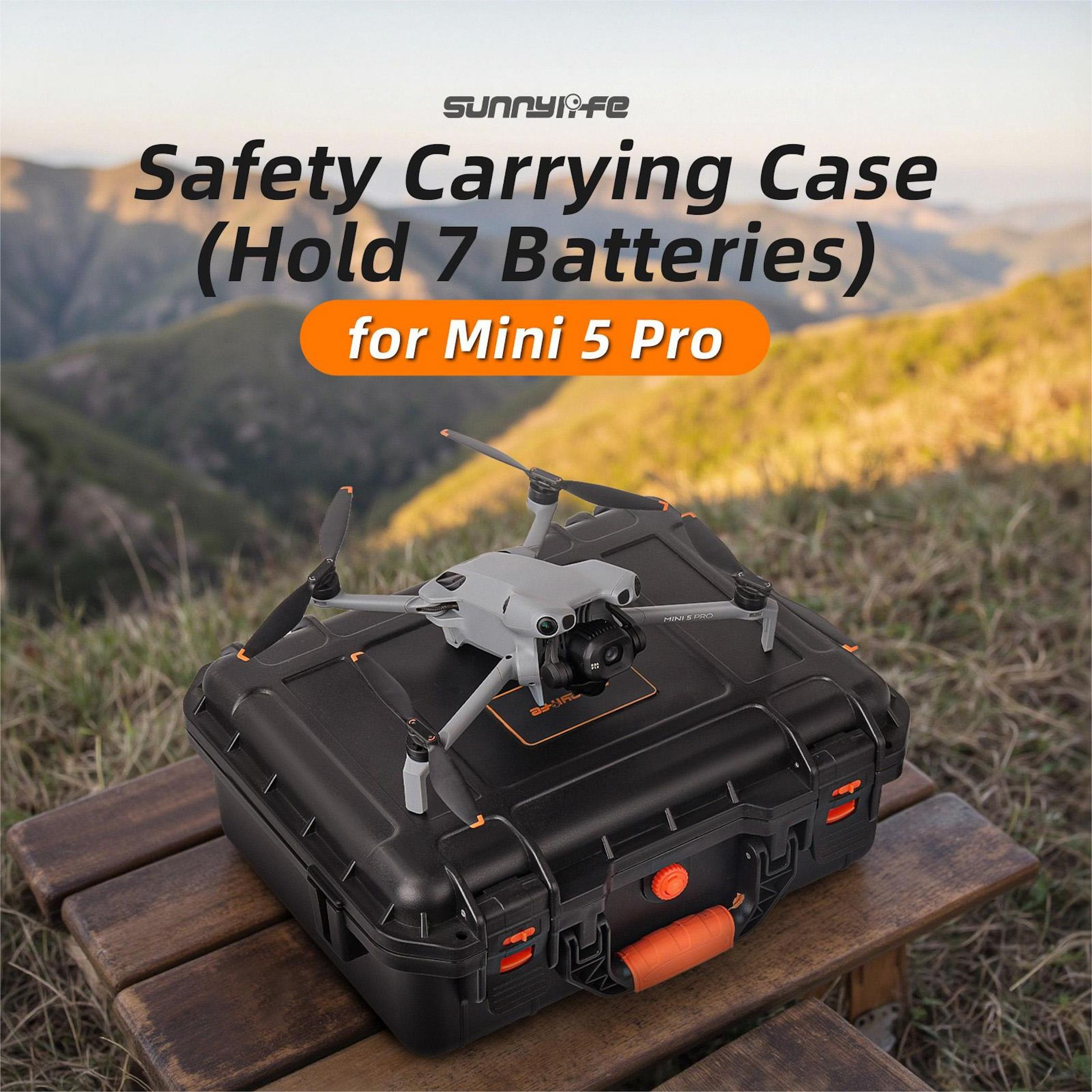 Un drone su una valigia nera. Testo: Safety Carrying Case (Hold 7 Batteries) for Mini 5 Pro.