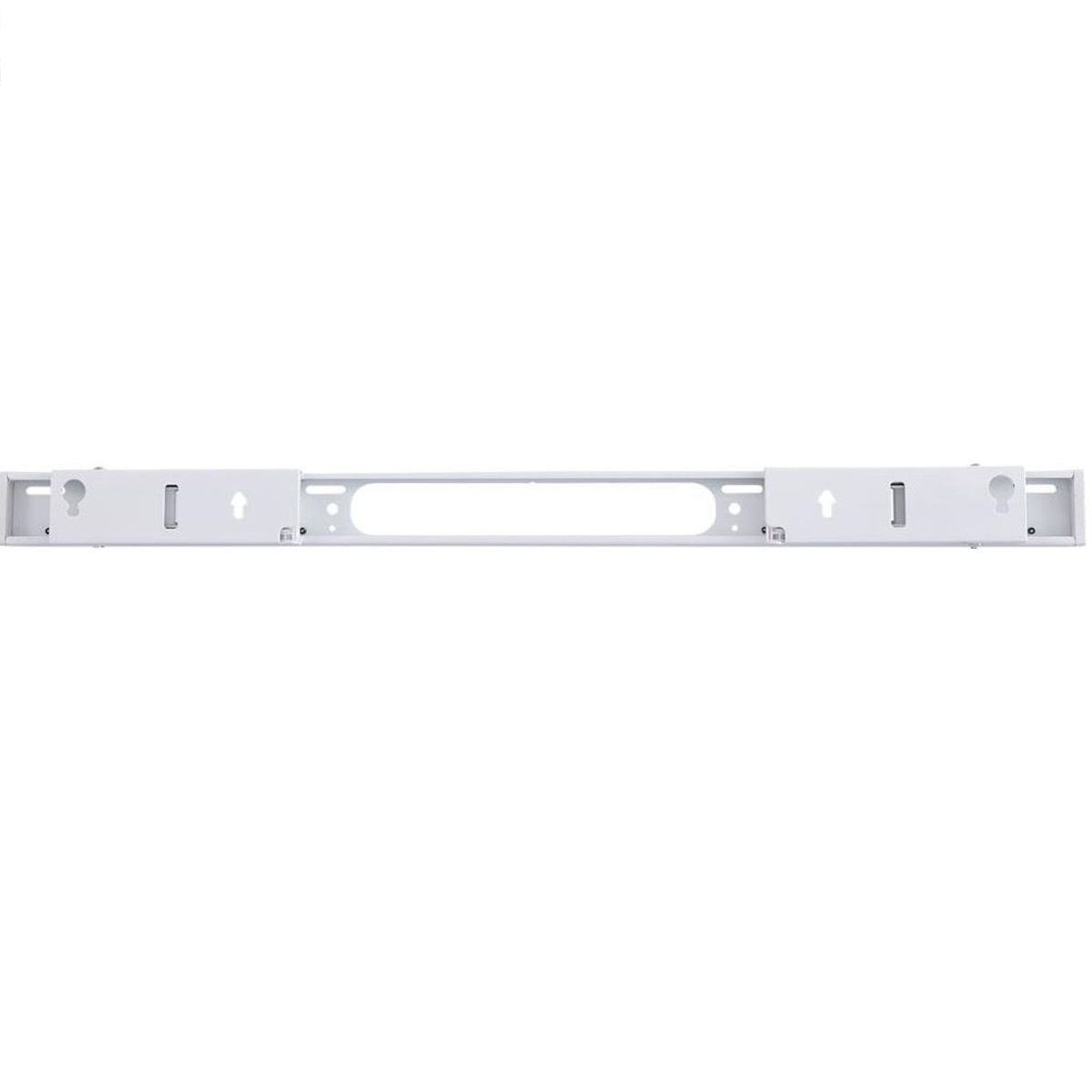 A white, rectangular metal bracket. It has several holes and slots for mounting. The background is plain white.