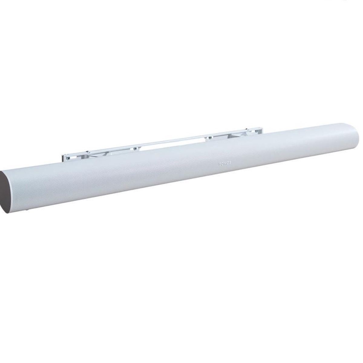 A white soundbar is mounted on a white bracket. The soundbar is cylindrical with the brand name Sonos visible.