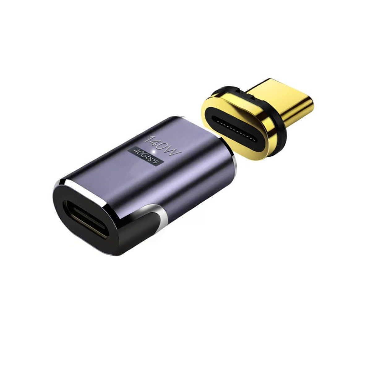 Ein zerlegter magnetischer USB-C-Adapter. Ein Teil ist dunkelgrau mit Beschriftungen, das andere goldfarben. Beide sind auf weißem Hintergrund.