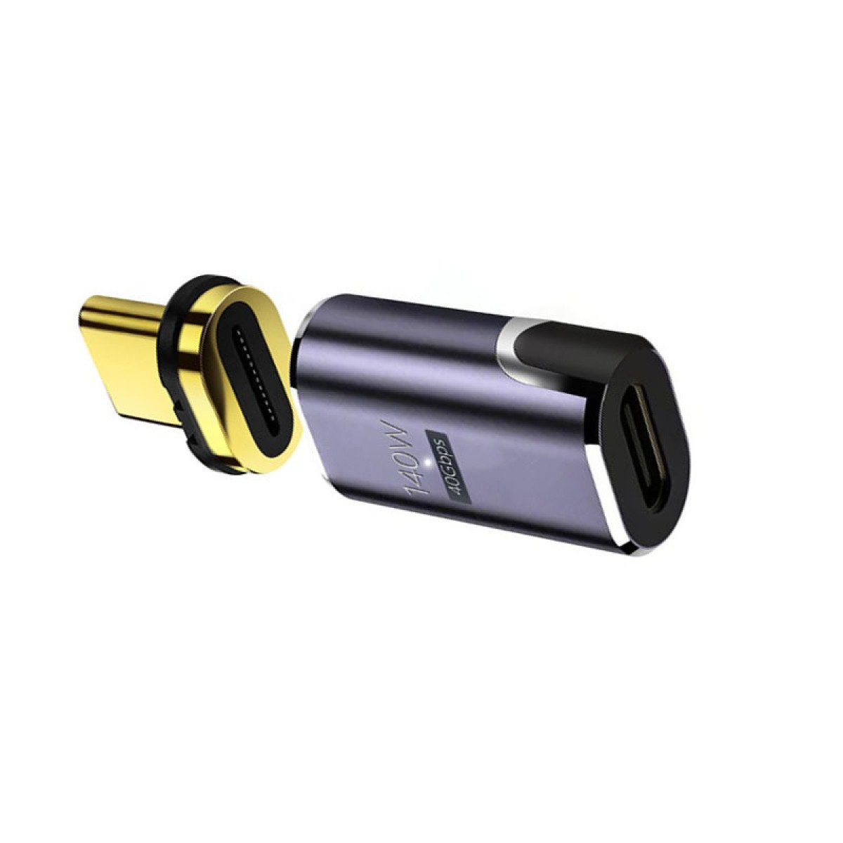 Ein zerlegtes USB-C-Ladegerät. Ein goldfarbenes Ende ist vom lila-grauen Gehäuse getrennt und zeigt seine inneren Anschlüsse.